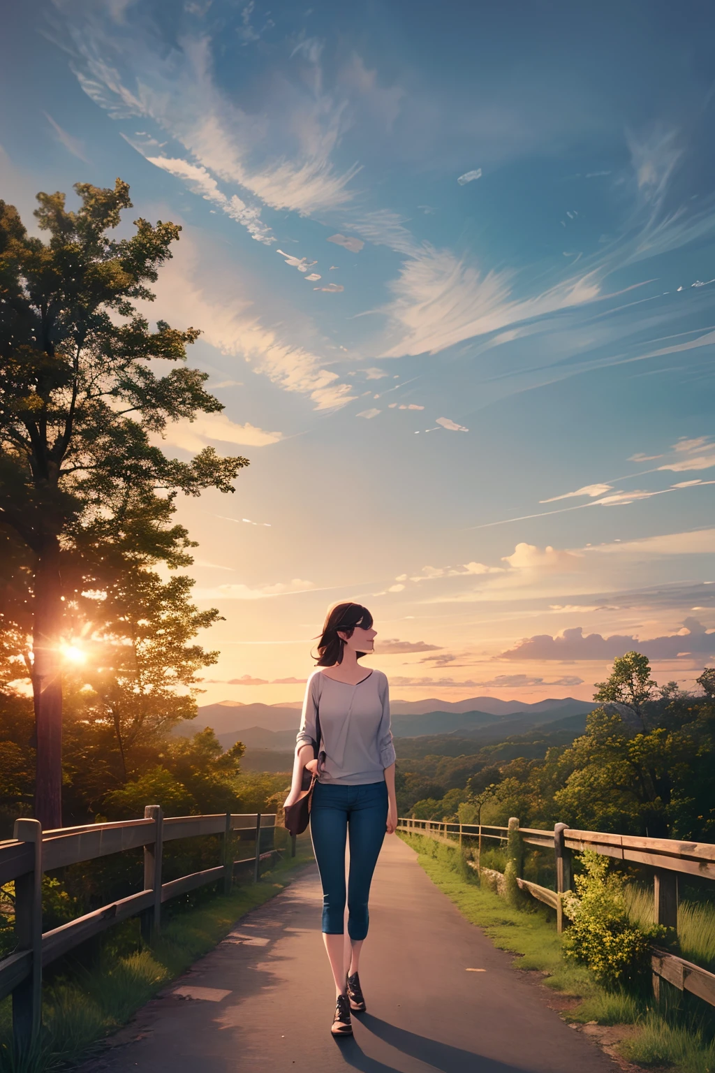 bush, cliff, cloud, cloudy_sky, day, forest, grass, horizon, house, forest, lake, lens_flare, light_rays, mountain, nature, outdoors, road, pine_tree road, landscape, sky, sun, sunbeam, Sunlight, sunset, tree, tree shadow, tight jeans, walking, alone, smiling, (masterpiece, best quality:1.2), detailed face, detailed eyes, elegant woman, red lipstick,fit body,casual casual clothes,cool hair,mature,full body,shy smile,(2 woman, kiss,hot kiss , lesbian):1