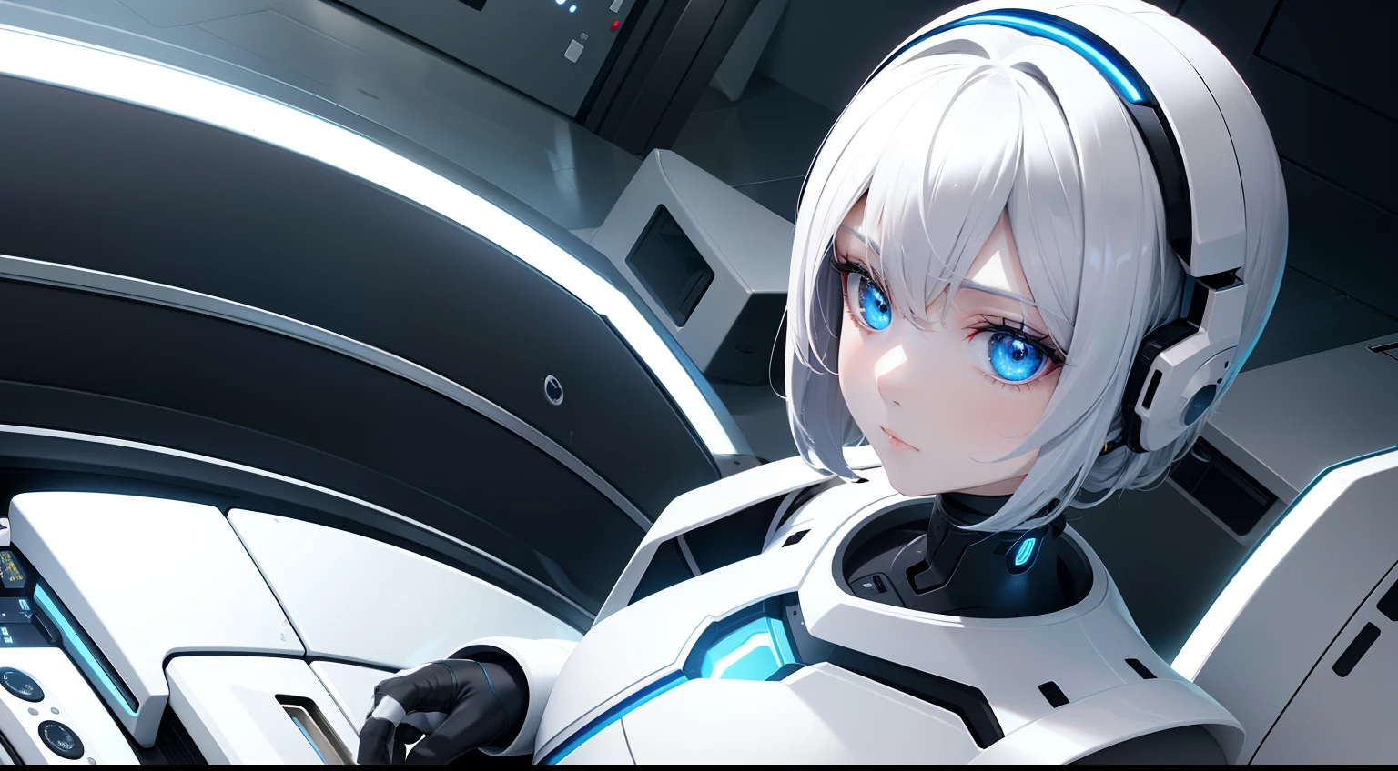 High image, Super detail, high resolution, Assistive robots, Streamlined shape close to humanoid, White metal, Blue LED at eye position, Wheels, In the room
