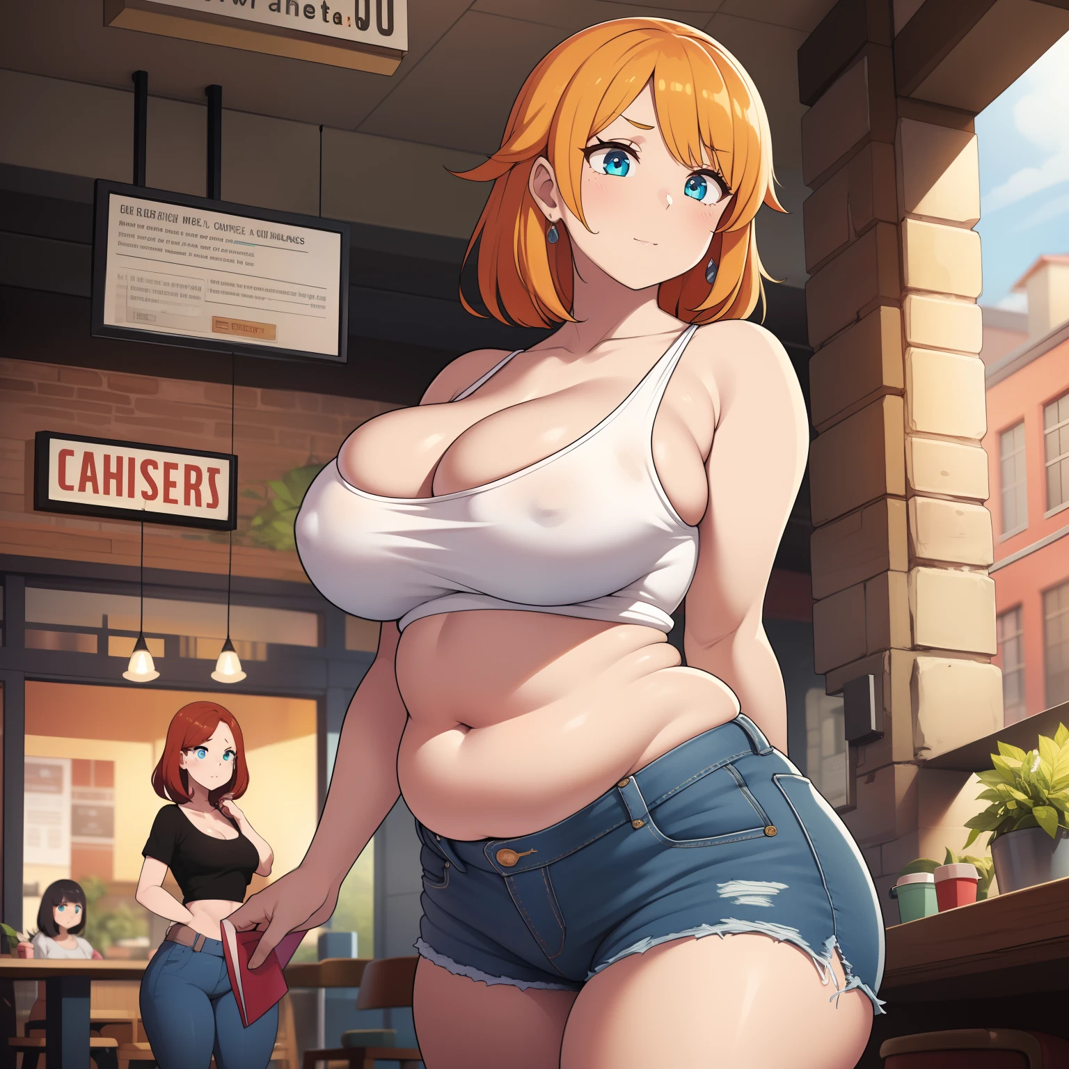 ((highres)), Masterpiece, high quality, best quality, beautiful, perfect lighting, detailed face, ultra cute face, ((2girls)), one girl has blonde hair, blue eyes, crop top and shorts skindentation, one girl has orange hair, green eyes, jeans, white shirt, thighs clothes, full body, fast food restaurant, medium breasts, perky breasts, cleavage, ((wide hips)), ((thick thighs)), ((chubby)), pudgy belly, fat folds, belly hang, standing,
