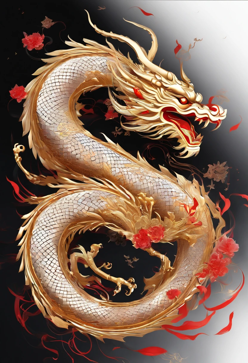 chinesedragon,Traditional Chinese culture,levitating,meander,Golden-bodied scales,Red tone,with black background,Splash ink,3D,tmasterpiece,4K