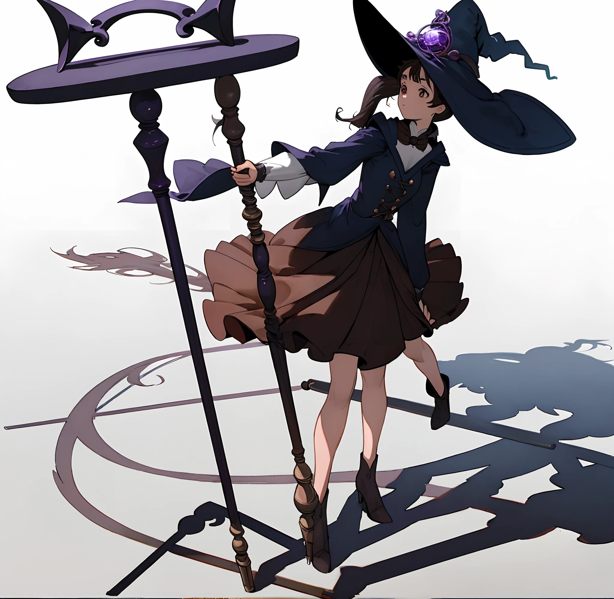 (masterpiece, best quality),solo gril 1,witch,witch, white background, full body,shadow on the floor,stand,stand straight,staff,magician