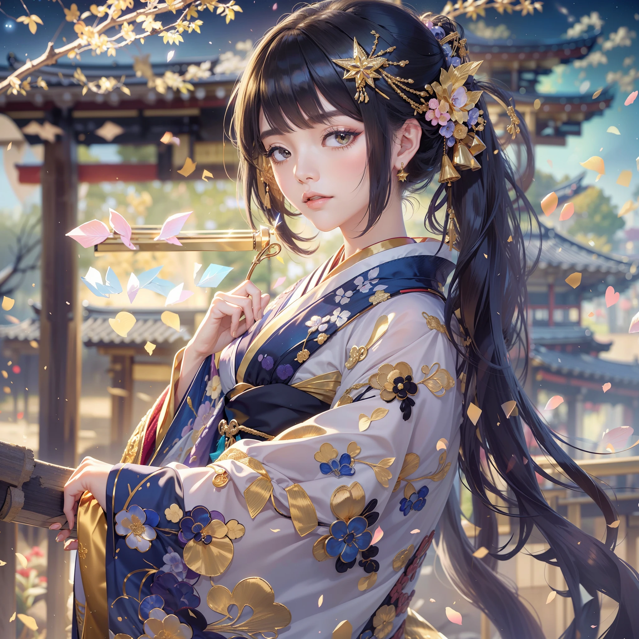 watching at viewers,(In Kyoto、starryskybackground,dense background)、poneyTail、Woman with shiny black hair、{Luxury kimono(Colorful kimono(Detailed golden embroidery,))}、face perfect,Depict a beautiful and graceful woman of Japan。Heart in the eye。full body Esbian。 Wallpaper 8K, .Blur the background with a sickle,((masutepiece)), ((Best Quality))