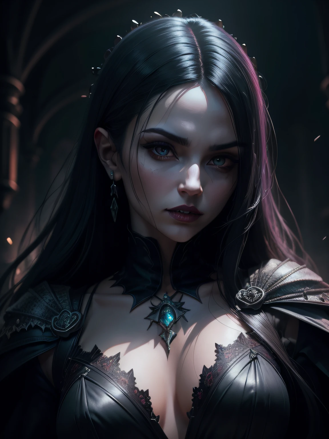 Vampire Queen, backlit, intricate details, highly detailed, slate atmosphere, cinematic, dimmed colors, dark shot, muted colors, film grain, lut, spooky, depth blur, blurry background dof, bokeh, realistic, realistic skin