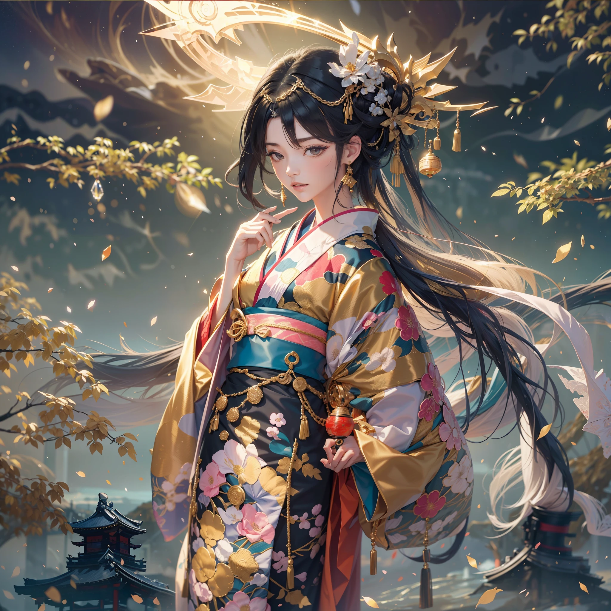 watching at viewers,(In Kyoto、starryskybackground,dense background)、poneyTail、Woman with shiny black hair、{Luxury kimono(Colorful kimono(Detailed golden embroidery,))}、face perfect,Depict a beautiful and graceful woman of Japan。Heart in the eye。full body Esbian。 Wallpaper 8K, .Blur the background with a sickle,((masutepiece)), ((Best Quality))