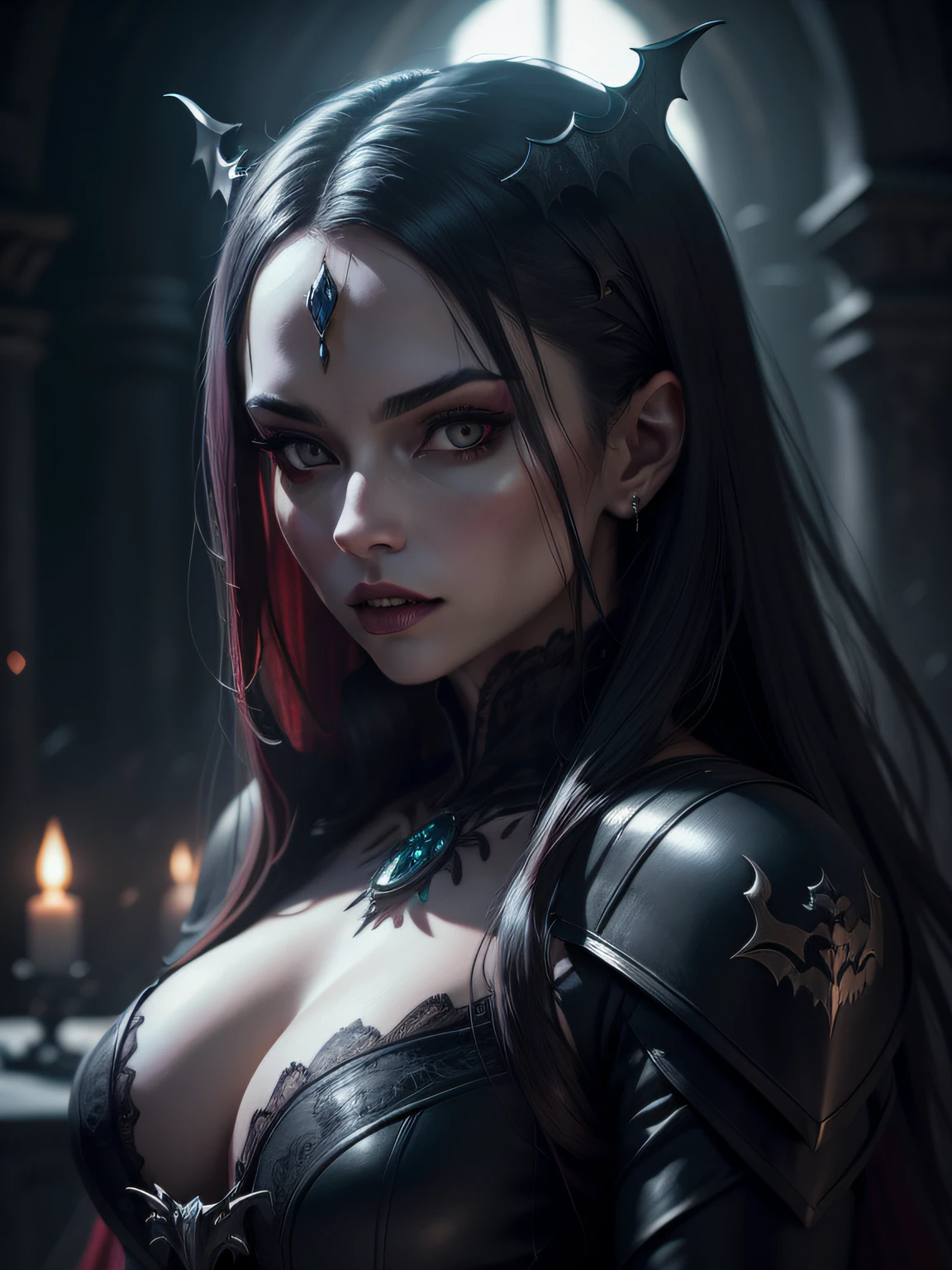Vampire Queen, backlit, intricate details, highly detailed, slate atmosphere, cinematic, dimmed colors, dark shot, muted colors, film grain, lut, spooky, depth blur, blurry background dof, bokeh, realistic, realistic skin