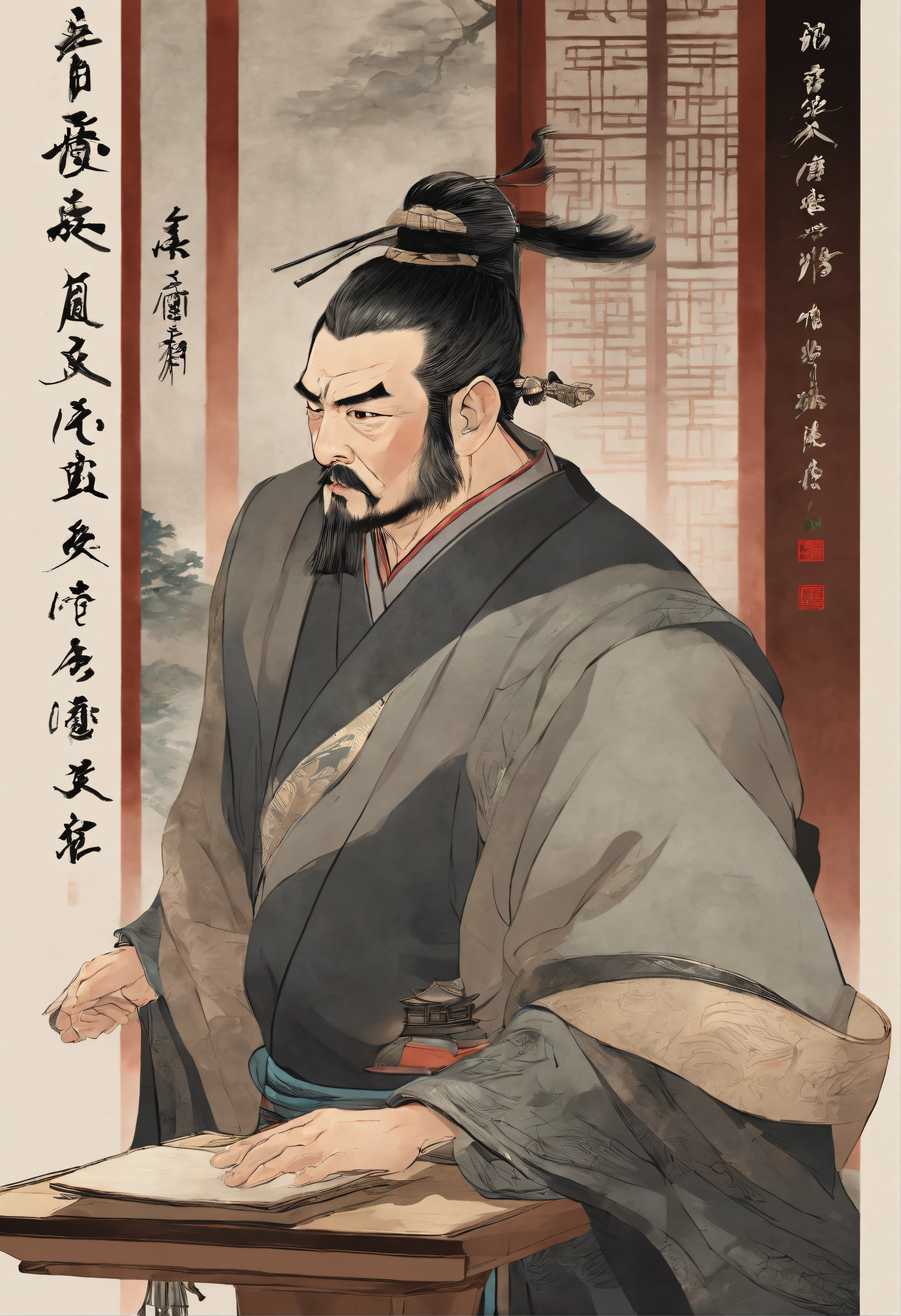 Best quality,4K,8K,A high resolution,Masterpiece:1.2,Ultra-detailed,Realistic:1.37,Portrait,Chinese historical figures,Bao Qingtian,justice,impartial,Heroic,Serious expression,Impressive appearance,Traditional clothing,Official hat,Exquisite courtroom,Wooden table and chairs,Elegant calligraphy on the wall,Ink painting hanging on the wall,Natural sunlight through the windows,solemn atmosphere,Fair trial,Upholding fairness and justice,Highly respected judge,Attentive audience,curious onlookers,Evidence submitted on the table,Scroll with kanji,The details of the costumes are meticulous,Fine texture on tables and chairs,Bao Qingtian's impressive facial features,Well-drawn eyes,Contoured nose and lips,Wisdom and determination in the eyes,Light and shadow balance,vibrant with colors,But not oversaturated,Traditional Chinese color palette,Aging and warm colors,Soft and even lighting,Study the facial expressions of your audience,Preoccupied with judgment,Background characters with various emotions,Highlight the composition of Bao Qingtian as the central character.mtu,The forehead has a black half-moon solid pattern