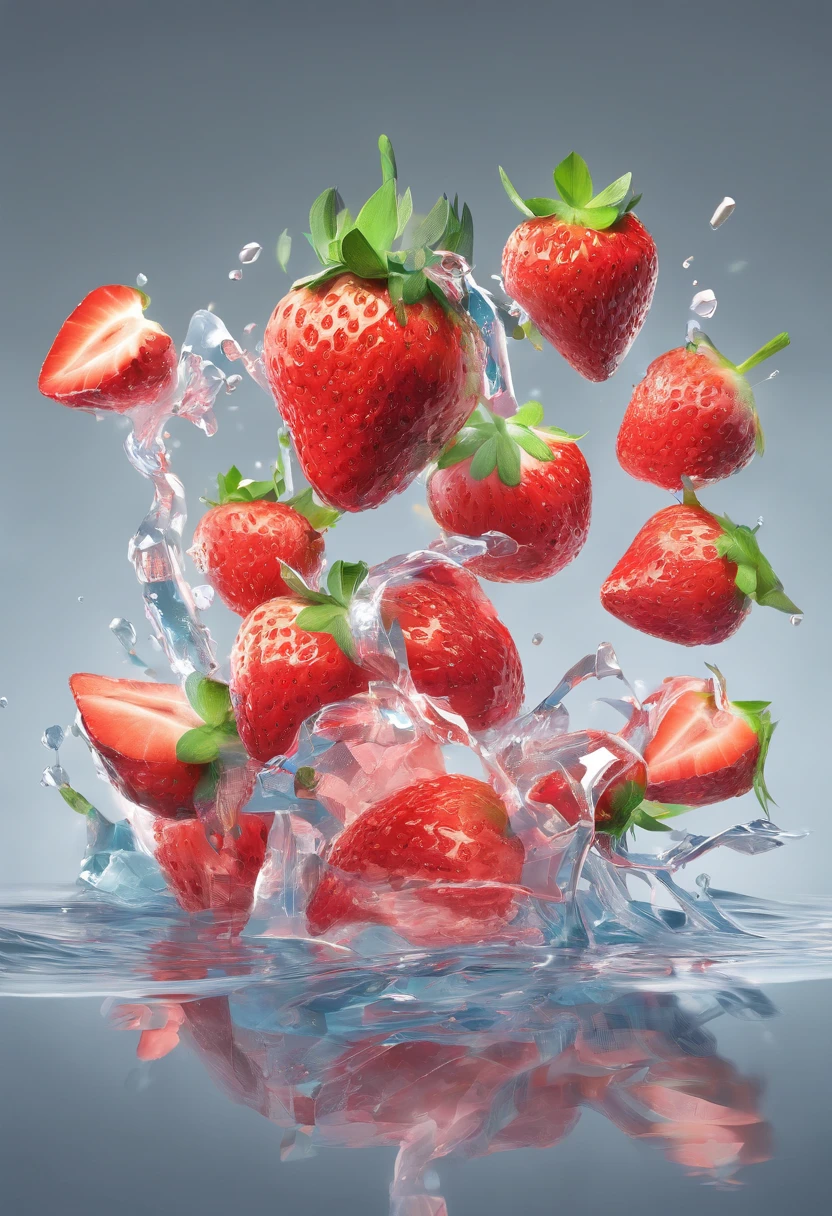 cinematic RAW photo,foto ultra real,Ultra foto Realsisim,Digital SLR,soft lighting,Product photo of 5 strawberries falling into the water、Drippy、Splash clear liquid、water bloom,dynamic compositions,(master part) (best quality) (circunstanciado) (Cinematic lighting) (foco nítido) (intrincado), master part, best quality, ultra-highresolution, 8k UHD