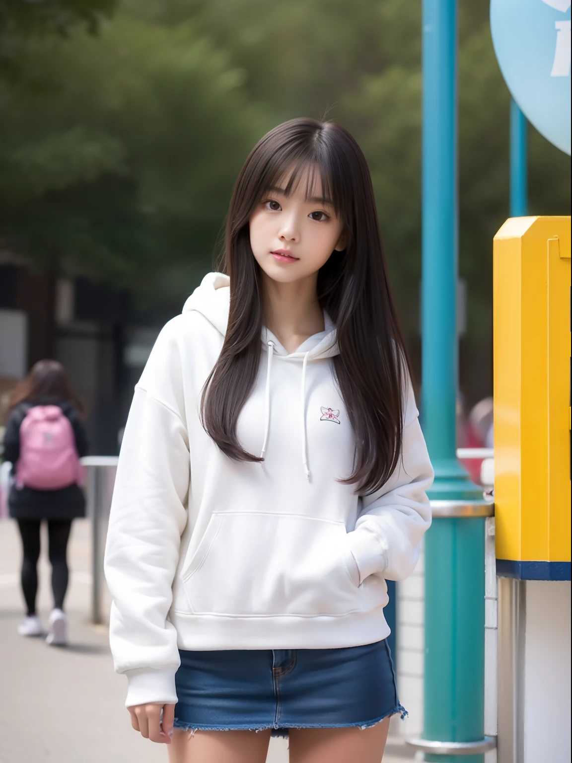 年轻，(a miniskirt)，Fleece Hoodie，teens girl，Delicate body，petite body，Delicate body，small tits，tiny chest，A dark-haired，Very Longhair，An amusement park，Looks Back