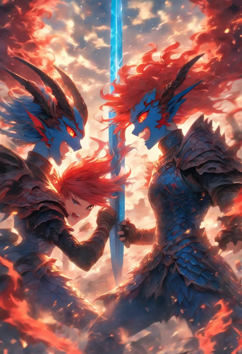 2 girls in sword armor, Blue and red hair fight demons, Dragon-shaped wings block clouds and forests, hyper HD, Masterpiece, Anatomically correct, High details, Super detail, Textured skin, Best quality, 8K