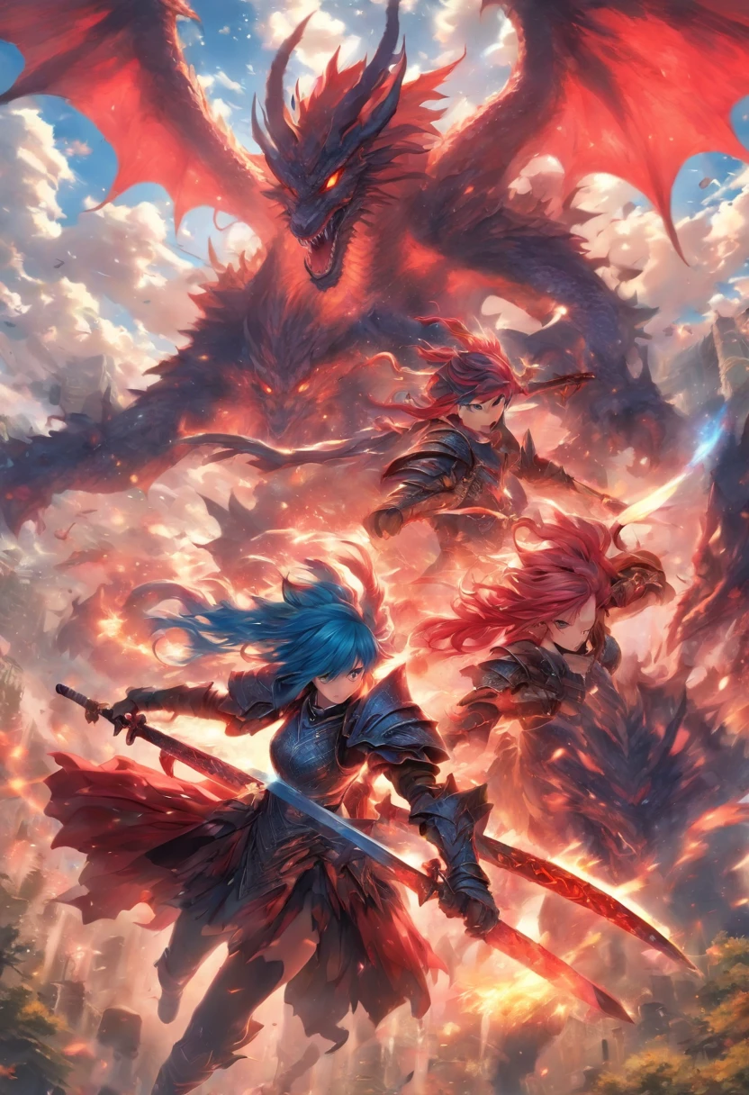 2 girls in sword armor, Blue and red hair fight demons, Dragon-shaped wings block clouds and forests, hyper HD, Masterpiece, Anatomically correct, High details, Super detail, Textured skin, Best quality, 8K