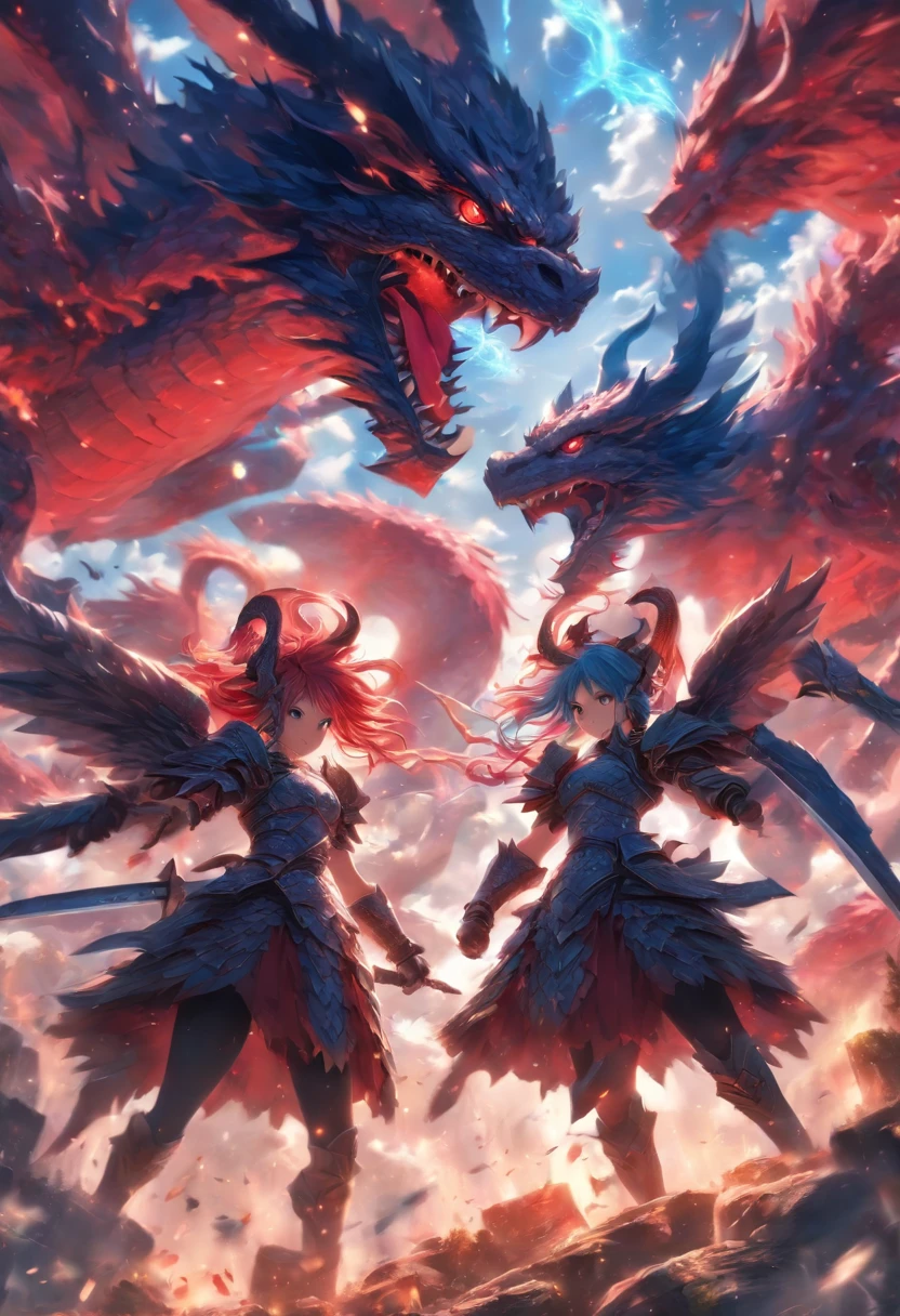 2 girls in sword armor, Blue and red hair fight demons, Dragon-shaped wings block clouds and forests, hyper HD, Masterpiece, Anatomically correct, High details, Super detail, Textured skin, Best quality, 8K