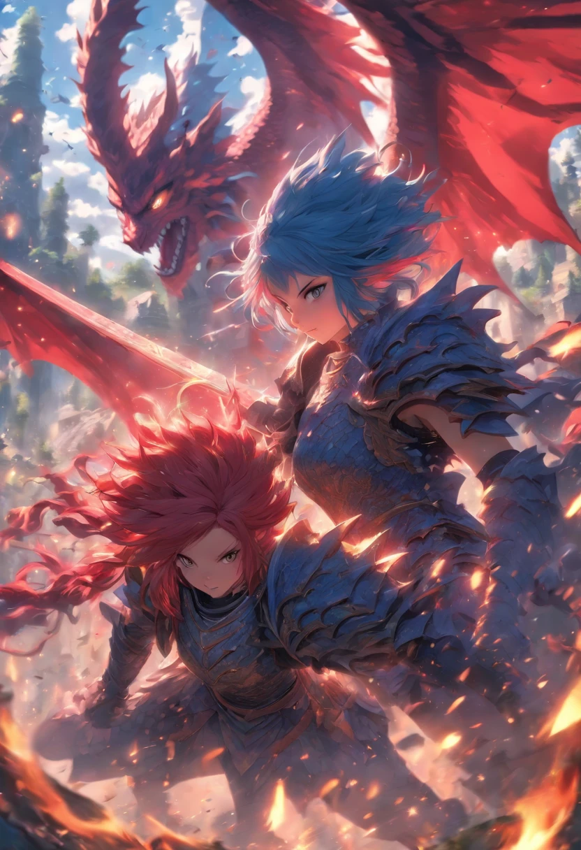 2 girls in sword armor, Blue and red hair fight demons, Dragon-shaped wings block clouds and forests, hyper HD, Masterpiece, Anatomically correct, High details, Super detail, Textured skin, Best quality, 8K