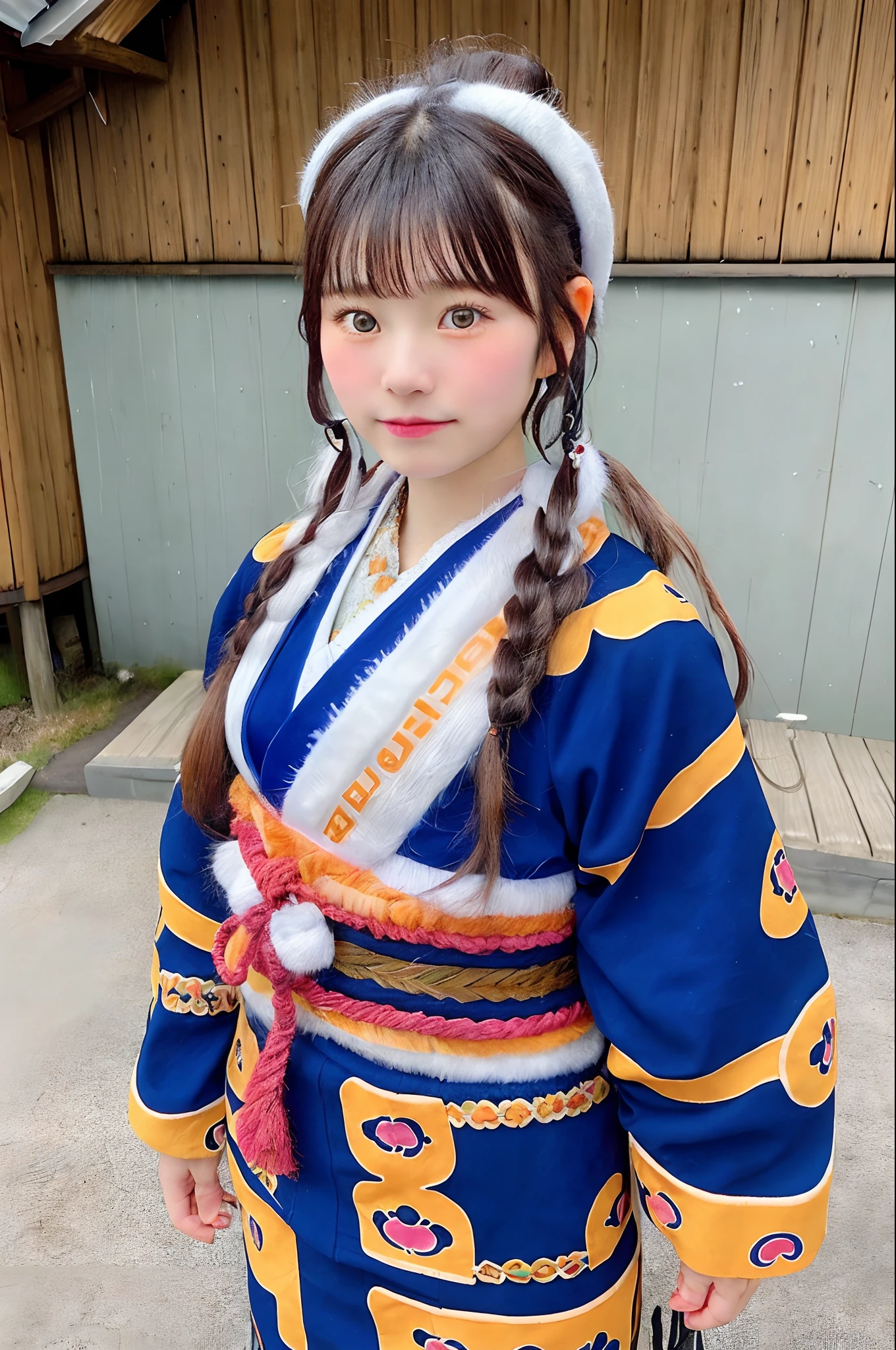 Cute Ainu 15-year-old woman in national costume, masutepiece, hyperdetails. Background of Hokkaido