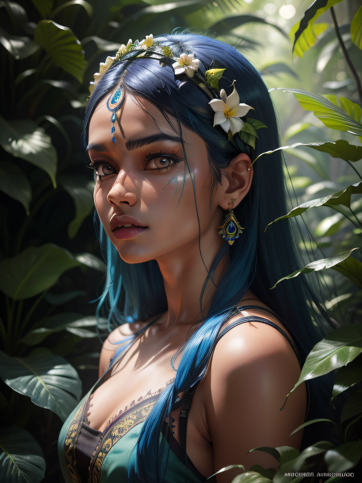 fashion photography portrait of indian girl with blue hair, in lush jungle with flowers, 3d render, cgi, symetrical, octane render, 35mm, bokeh, 9:16, (intricate details:1.12), hdr, (intricate details, hyperdetailed:1.15), (natural skin texture, hyperrealism, soft light, sharp:1.2), detailed, sunlight passing through foliage