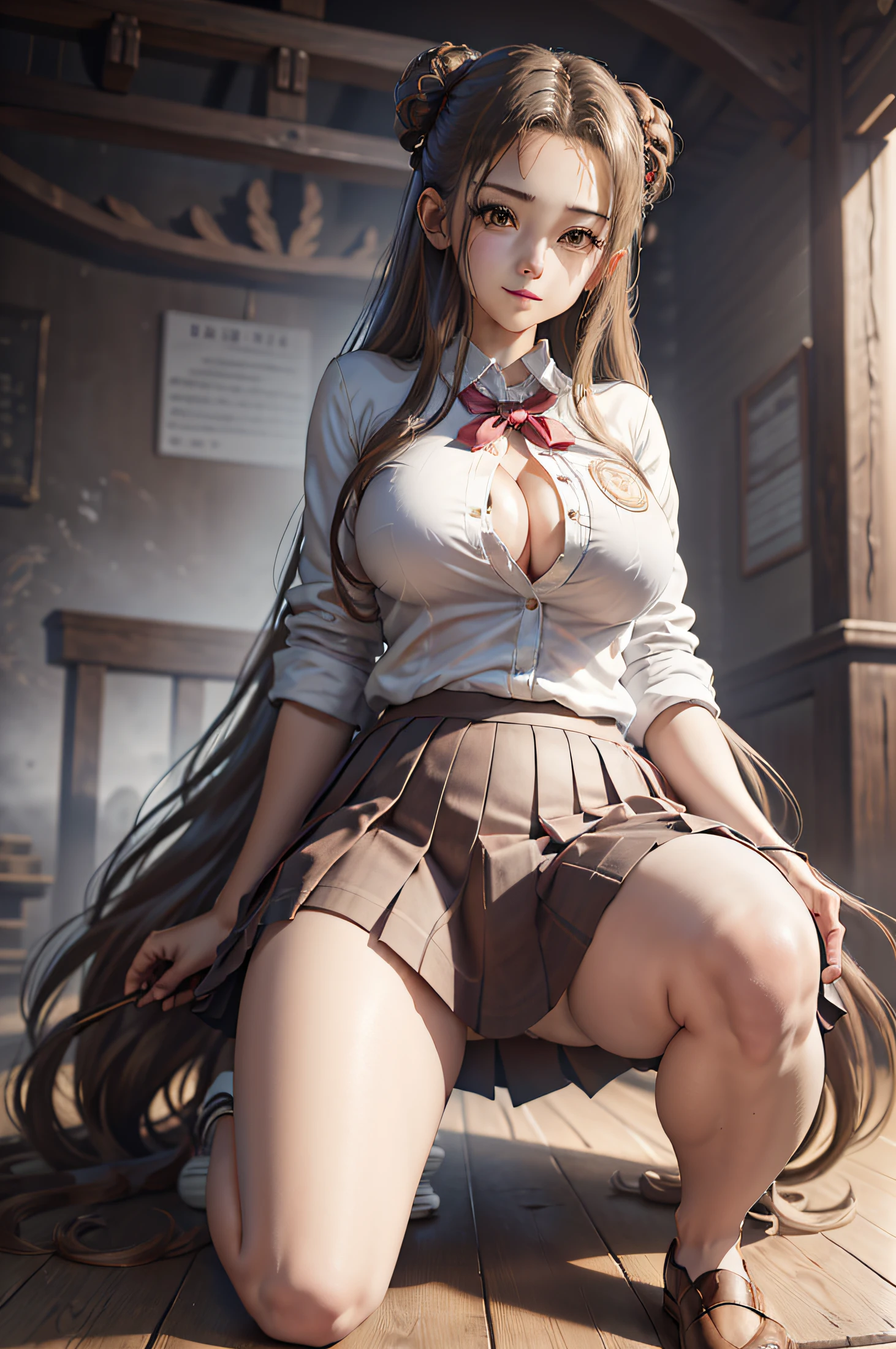 A girl in a school uniform squatted down, squatting down, The girl spread her legs, The girl put her hand on her chest, short skirt, The blouse is unbuttoned, big breastes, Miniature figure, model figure, Slim waist, confusion, sexuality, Cute beautiful anime woman, detailed digital anime art, beautiful anime girl, beautiful anime girl, Anime with small details, Best Quality, Masterpiece, Ultra-detailed, Beautiful, hight resolution, Original,CG 8K ультрареалистичный, perfect artwork, beatiful face, Face Clean, Skin, hyper realistic, Ultra Detailed, A detailed eye, dramatic  lighting, (Realistic) Realistic, Full HD, Best Quality, Best Quality, Beautiful lighting, (8k wallpaper of extremely detailed CG unit), High Details, sharp-focus, The art of dramatic and photorealistic painting, beautiful smile, pectorals, Huge-breasts, microskirt, tinyskirt, no man_panty,