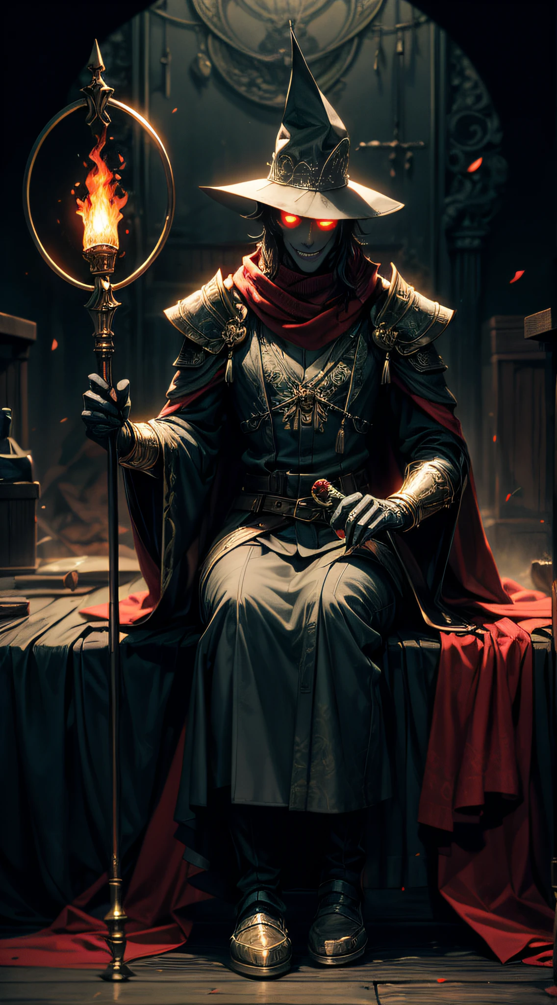 (irascible, irate,A high resolution, super-fine), (Sharp-billed monkey gills), Tour of the Dark West,pan(((Red glowing eyes)))looks into camera, evil look, Clear facial features, (Golden Hoop Curse),A long golden stick was held in his hand, to grin, human teeth exposed, Dressed in gorgeous armor, The red scarf sways in the wind,scarce face, Shoulder armor youkai skeleton decoration, 火焰, Sit on Yokai Head Mountain, Kingly temperament, Full body photo, cinematic rim light, The light is delicate, tmasterpiece, ultra - detailed, Epic composition, Super HD, high qulity, HighestQuali, 32K, grin, poison fangs