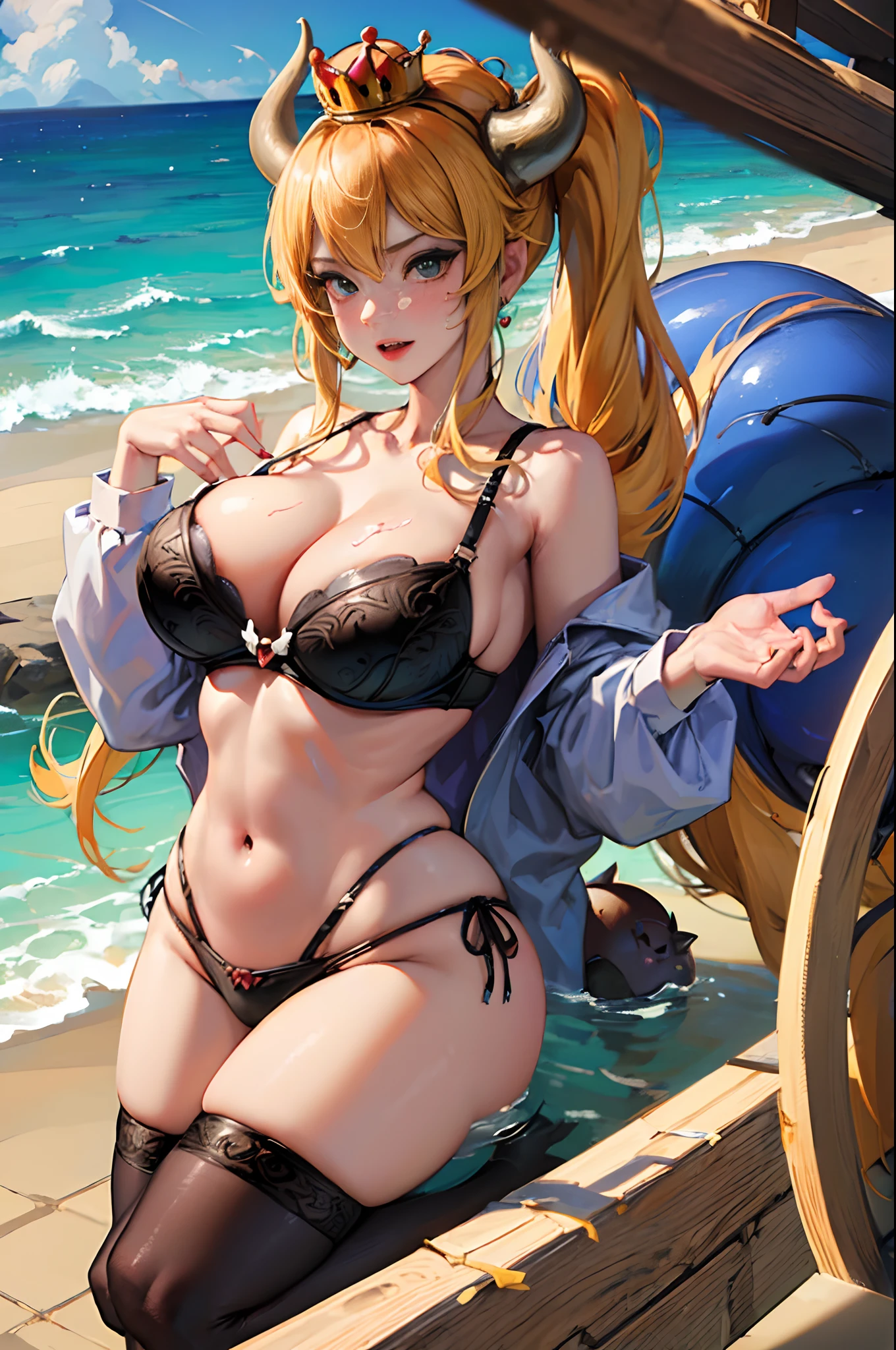 ((cum in face and breasts)), (((((flushed))))) (((giant breasts))) (((Bra))) Bikini, Bowsette, thick legs, wide hips