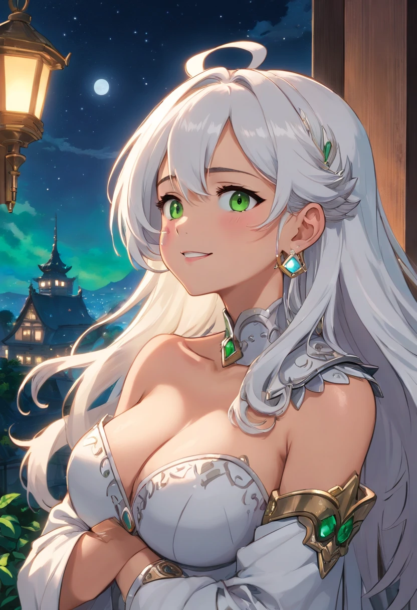 (highres, high quality:1.1), intricate details, cinematic lighting, digital art,(ojou-sama pose, laughing:1.1), (hand on own chin:1.1), hands on hip, grin, half-closed eyes, Nailkaiser, dark-skinned female, dark skin, 1girl, mansion, window, night sky, complex background, cowboy shot,looking at viewer, white hair, long hair, head wings, (white lipstick:1.1), detailed face, green eyes, jewelry, earrings,functonally , topless, cropped jacket, naked armor, bridal gauntlets, shoulder spikes, large breasts,