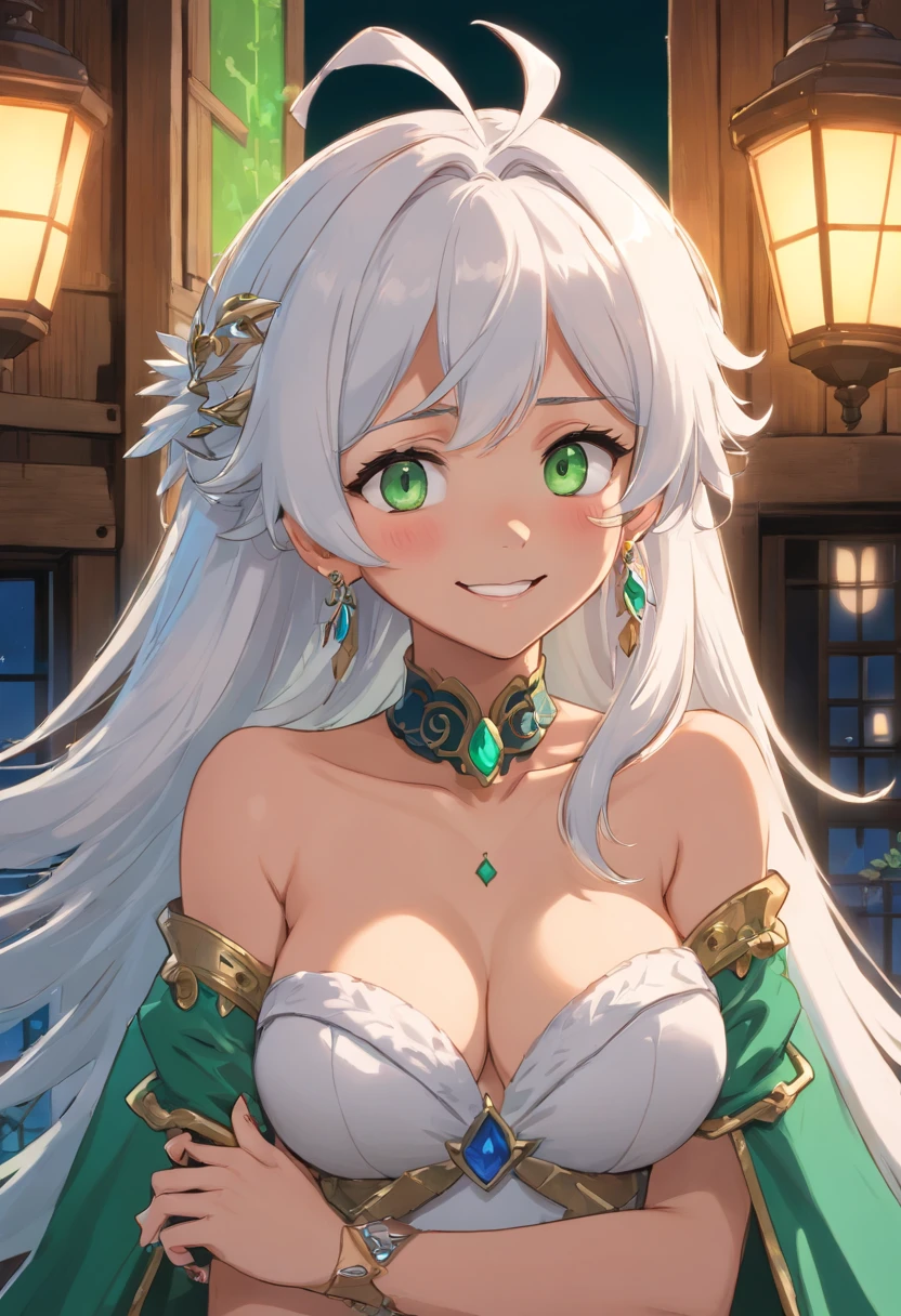 (highres, high quality:1.1), intricate details, cinematic lighting, digital art,(ojou-sama pose, laughing:1.1), (hand on own chin:1.1), hands on hip, grin, half-closed eyes, Nailkaiser, dark-skinned female, dark skin, 1girl, mansion, window, night sky, complex background, cowboy shot,looking at viewer, white hair, long hair, head wings, (white lipstick:1.1), detailed face, green eyes, jewelry, earrings,functonally , topless, cropped jacket, naked armor, bridal gauntlets, shoulder spikes, large breasts,