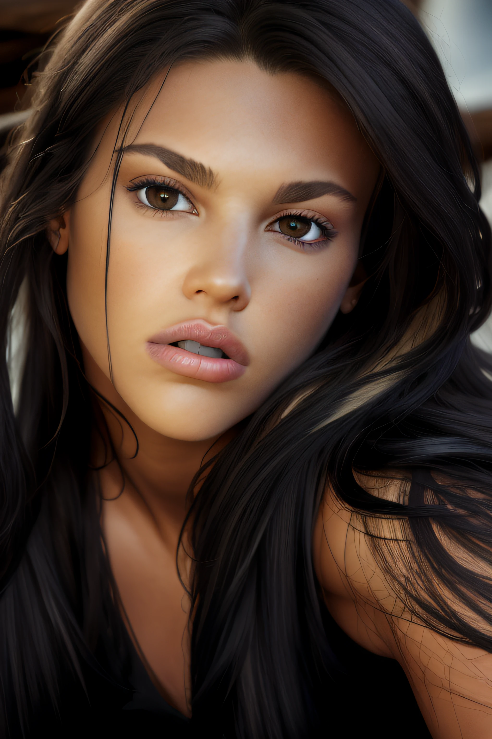 Best quality, masterpiece, ultra realistic, ultra high res, (photorealistic:1.37), raw photo, 20 yo 1girl, caucasian, tanned, long black_hair, beautifull eyes,  beautifull face, detailed eyes and face, big luscious lips, topless, dynamic lighting, in the dark, deep shadow, low key, cowboy shot, gorgeous super model, raw photo,