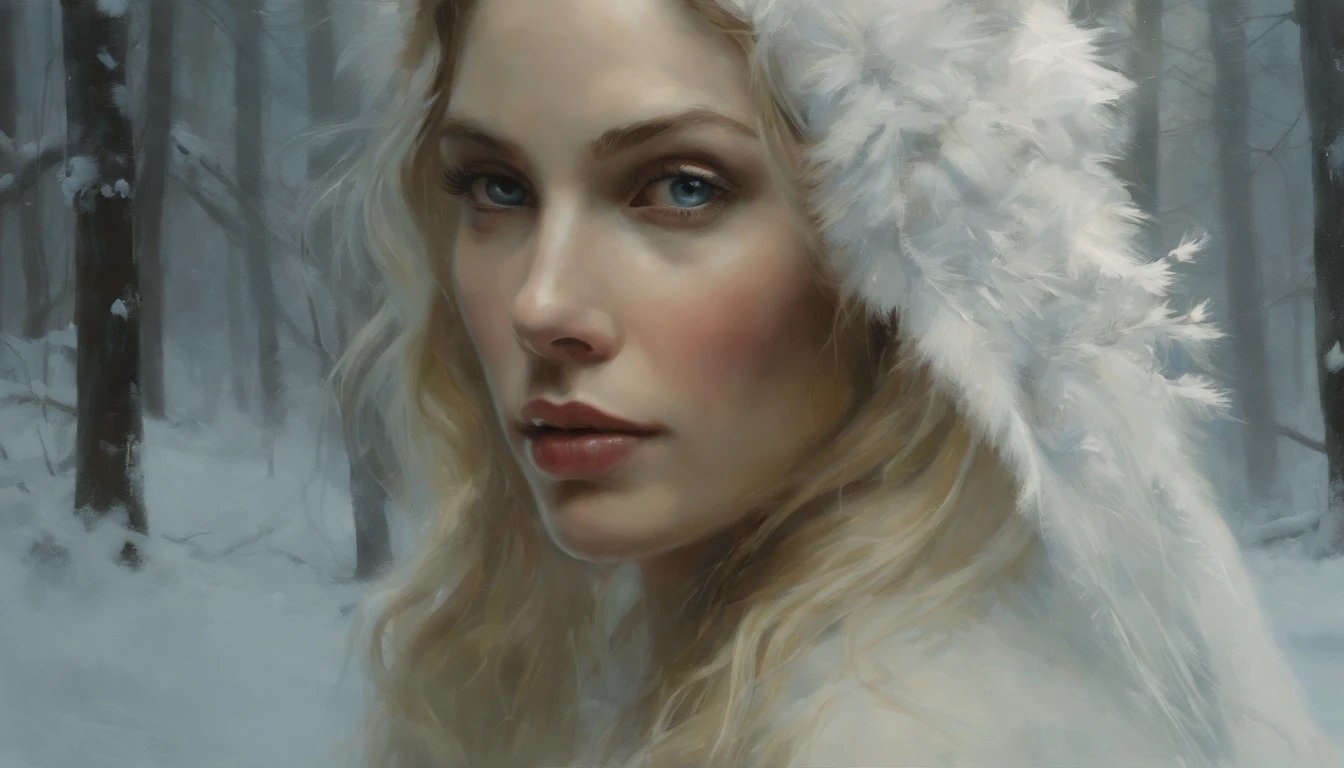 pintura do retrato de 1girl, Galadriel, Onze, blonde hair, olhos azuis, vestido branco, pele detalhada, fantasia, snowy nordic forest, estilo modelshoot, (CG extremamente detalhado), foto de belas obras de arte, (Antonio Moro), (Jeremy Mann), High detail, foco nítido, Dramatic, oil painting, Realistic