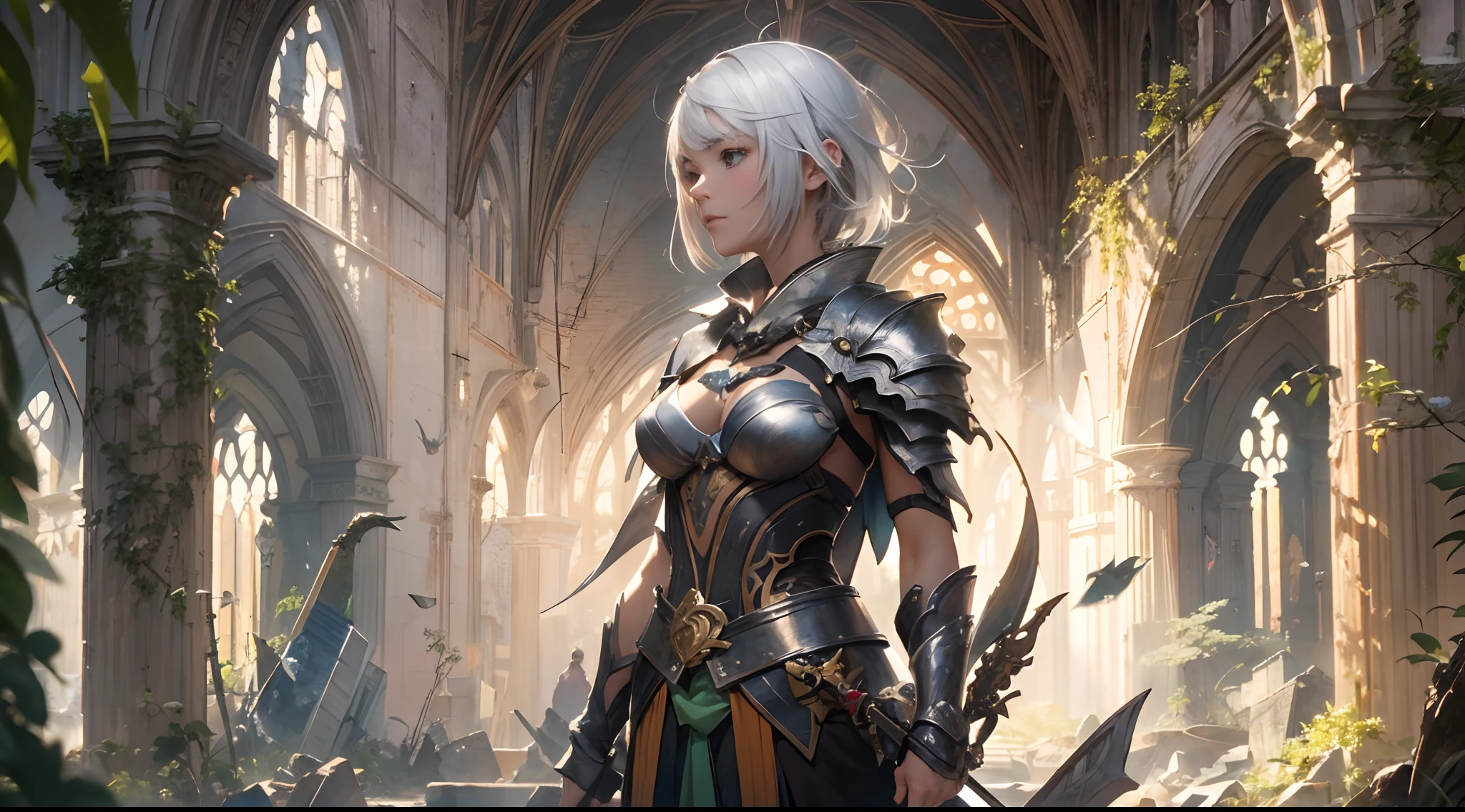 (by Greg Rutkowski: 1.2), (masterpiece), (best quality), extremely delicate and beautiful, illustration, a woman with sword in front of ruins of a cathedral, standing in ruins, noelle (genshin impact), 1girl, weapon, armor, holding weapon, sword, holding, holding sword up, from behind, 1girl, (green_eyes:1.2//), silver hair, short_hair, medium_breasts, hair_flower. From Brian Froud and Carne Griffiths and Wadim Kashin and John William Waterhouse, 8K post-production, high resolution, hiper detailed, depth of field, HDR, intricate