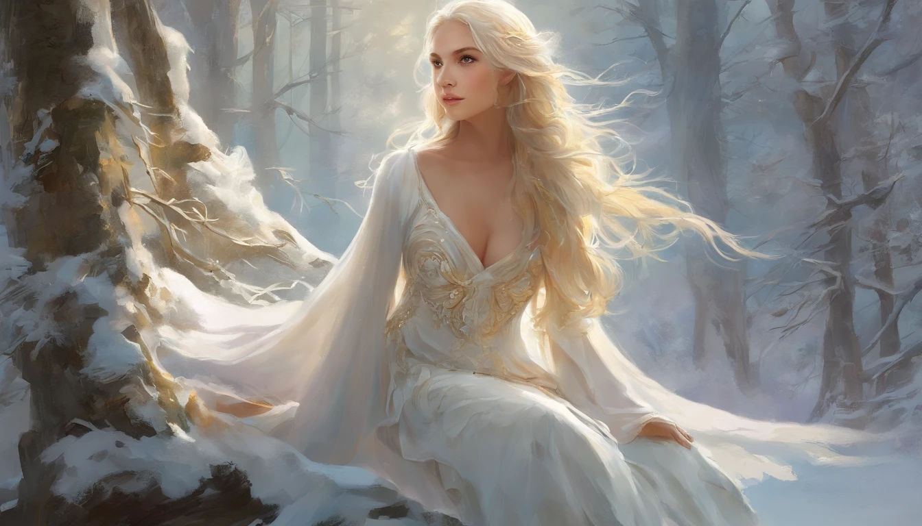 pintura do retrato de 1girl, Galadriel, Onze, blonde hair, olhos azuis, vestido branco, pele detalhada, fantasia, snowy nordic forest, estilo modelshoot, (CG extremamente detalhado), foto de belas obras de arte, (Antonio Moro), (Jeremy Mann), High detail, foco nítido, Dramatic, oil painting, Realistic