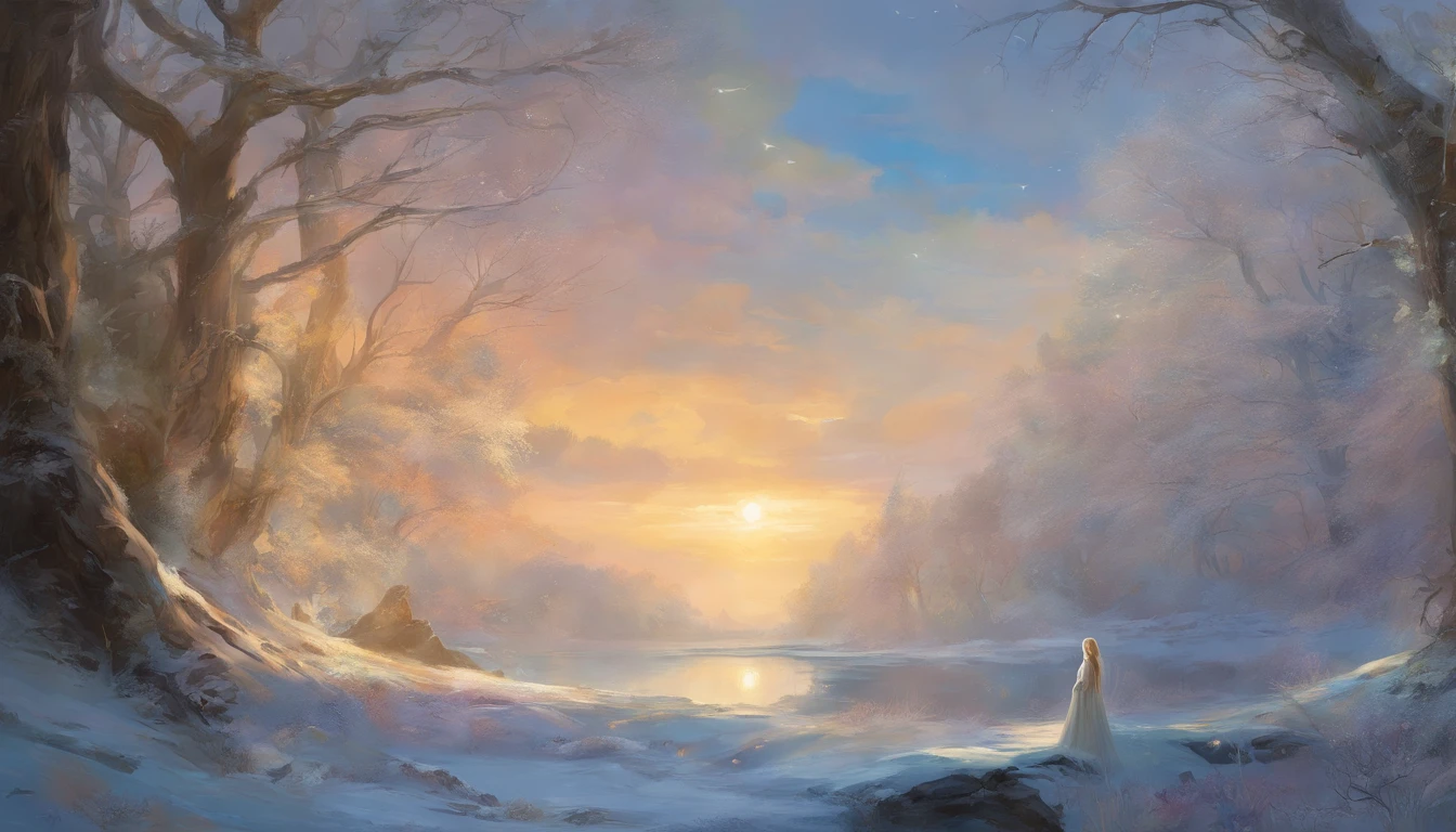 pintura do retrato de 1girl, Galadriel, Onze, blonde hair, olhos azuis, vestido branco, pele detalhada, fantasia, snowy nordic forest, estilo modelshoot, (CG extremamente detalhado), foto de belas obras de arte, (Antonio Moro), (Jeremy Mann), High detail, foco nítido, Dramatic, oil painting, Realistic