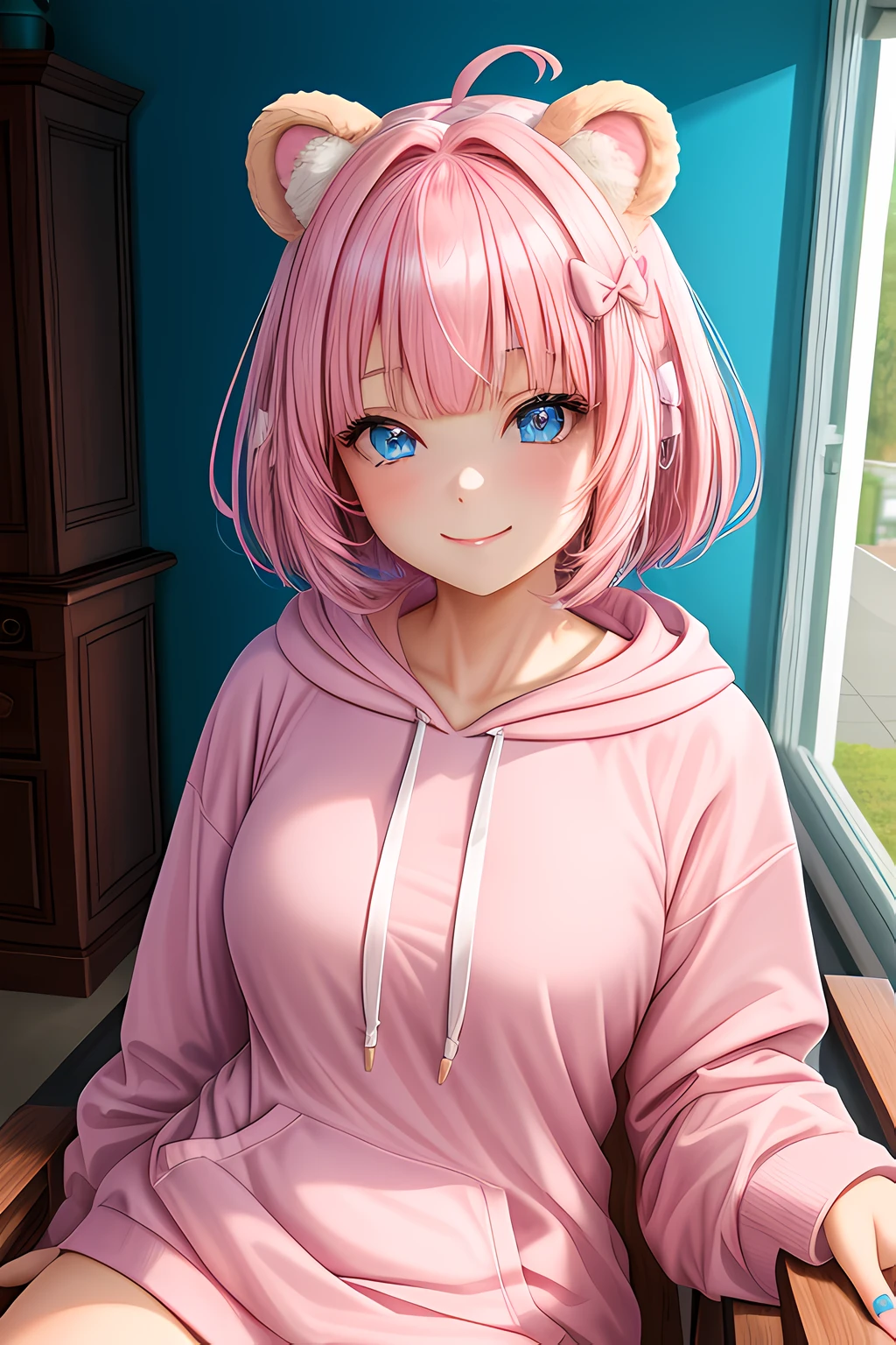 master piece, Best Quality, High resolution, Ultra-detailed, 1girl in, Late s, Pink hair and pale blue eyes, (White hoodie), Wearing a hood, Fluffy animal ears, Bangs, Short hair, Bow, Hair Bow, pink bows, A smile, Brown bear ears, bob cuts, tits out, from avobe, upward-eyed, livingroom