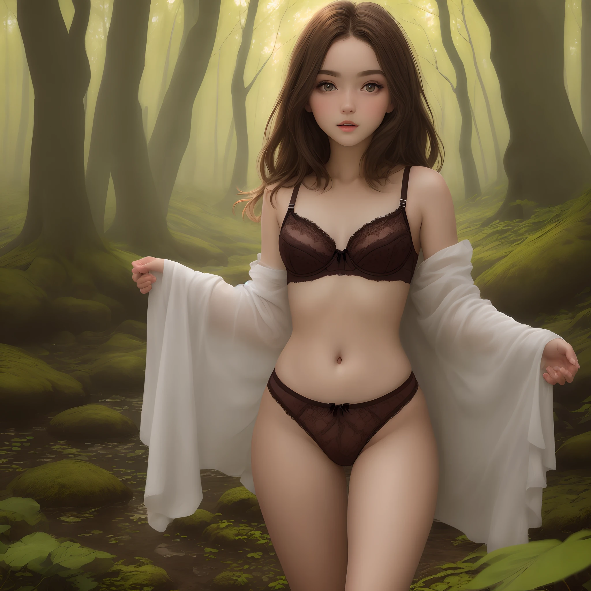 Brown hair model, ojos verdes, 20 year, Sexy lingerie, cuerpo entero, en un bosque
