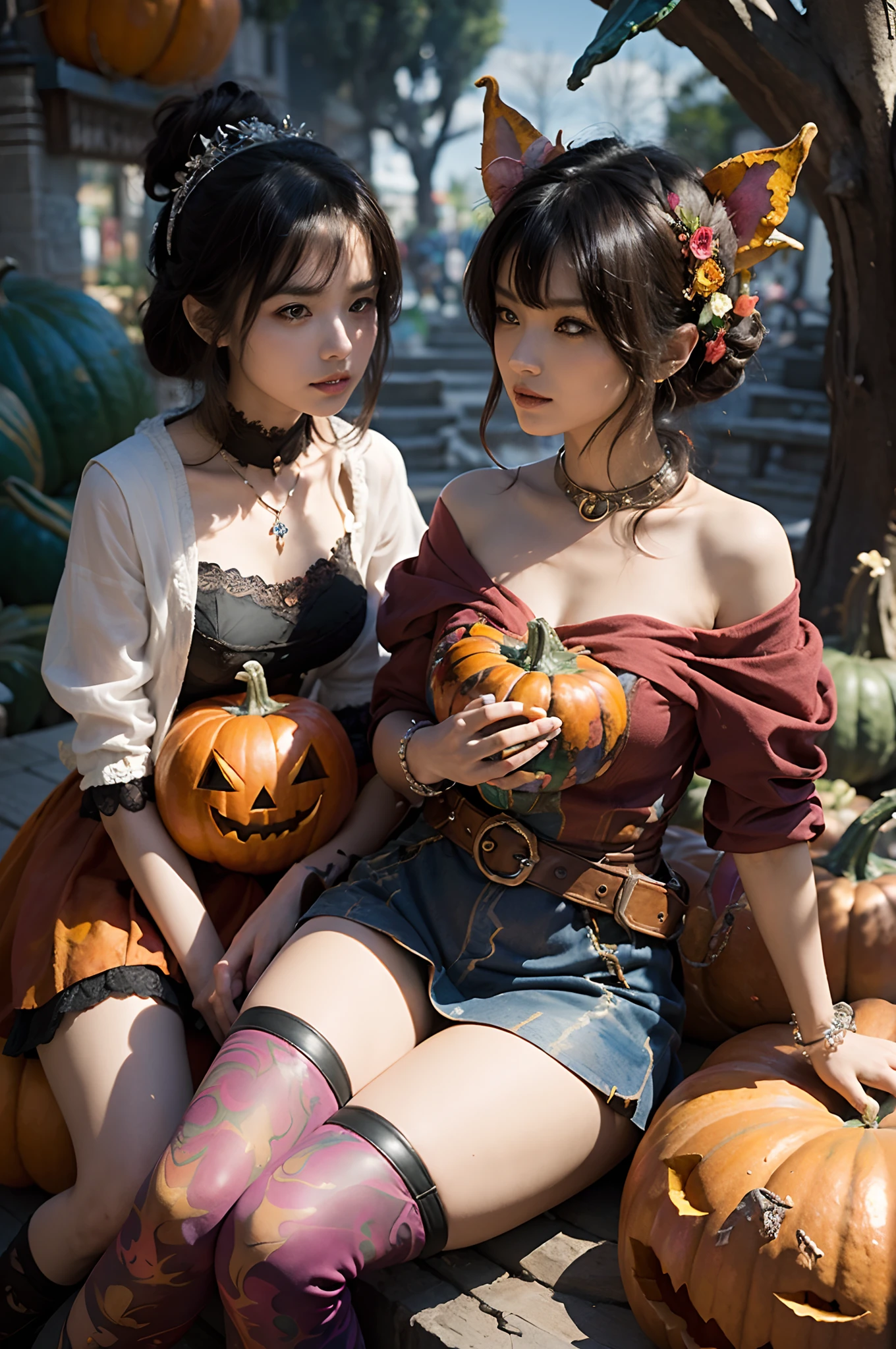(bust shot,face focus),illustration,a couple of lesbians sitting together on a (giant pumpink:1.4),fantastical world,fantasy,stroking,leering:1.4,elegant pose,(alebrijes art style),moonlight,(ulzzang-6500-v1.3,pureeroface_v1,octane render)