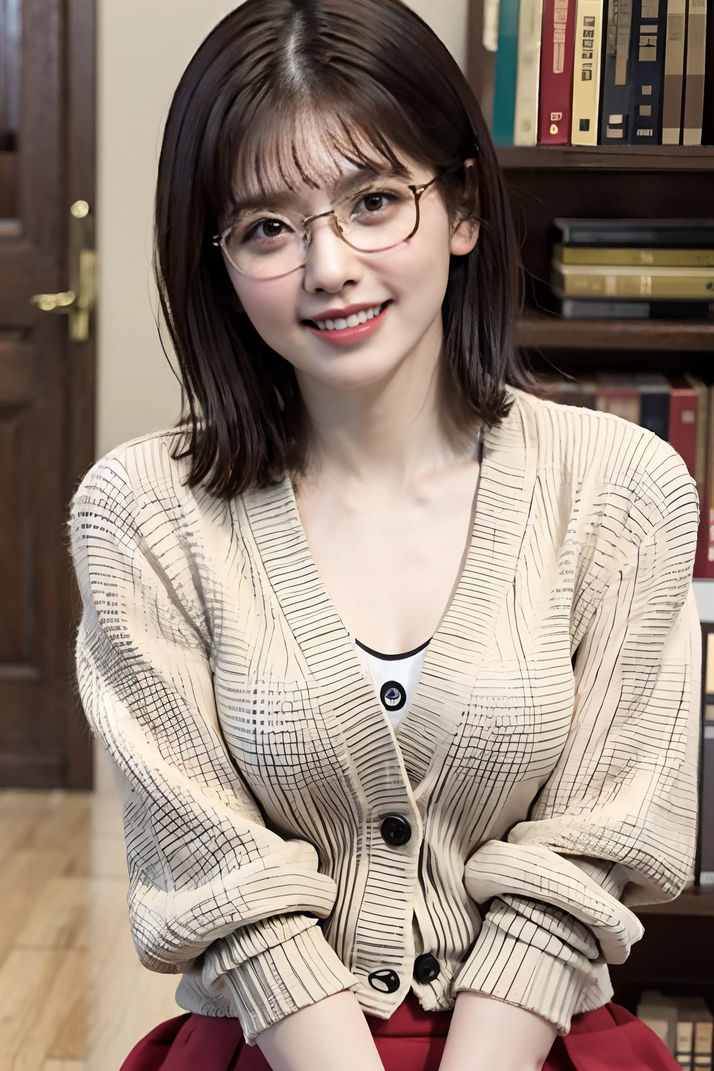 Photo Real、photoRealstic、girl1、Koshiba Fuka　A dark-haired、short-hair、Blunt bangs　Black-rimmed glasses、Laughing expression、Laughing、huge smile　Beige cardigan、Red skirt、hi-school girl　Sit up、Looking here　Background with、bookcase、wood floor