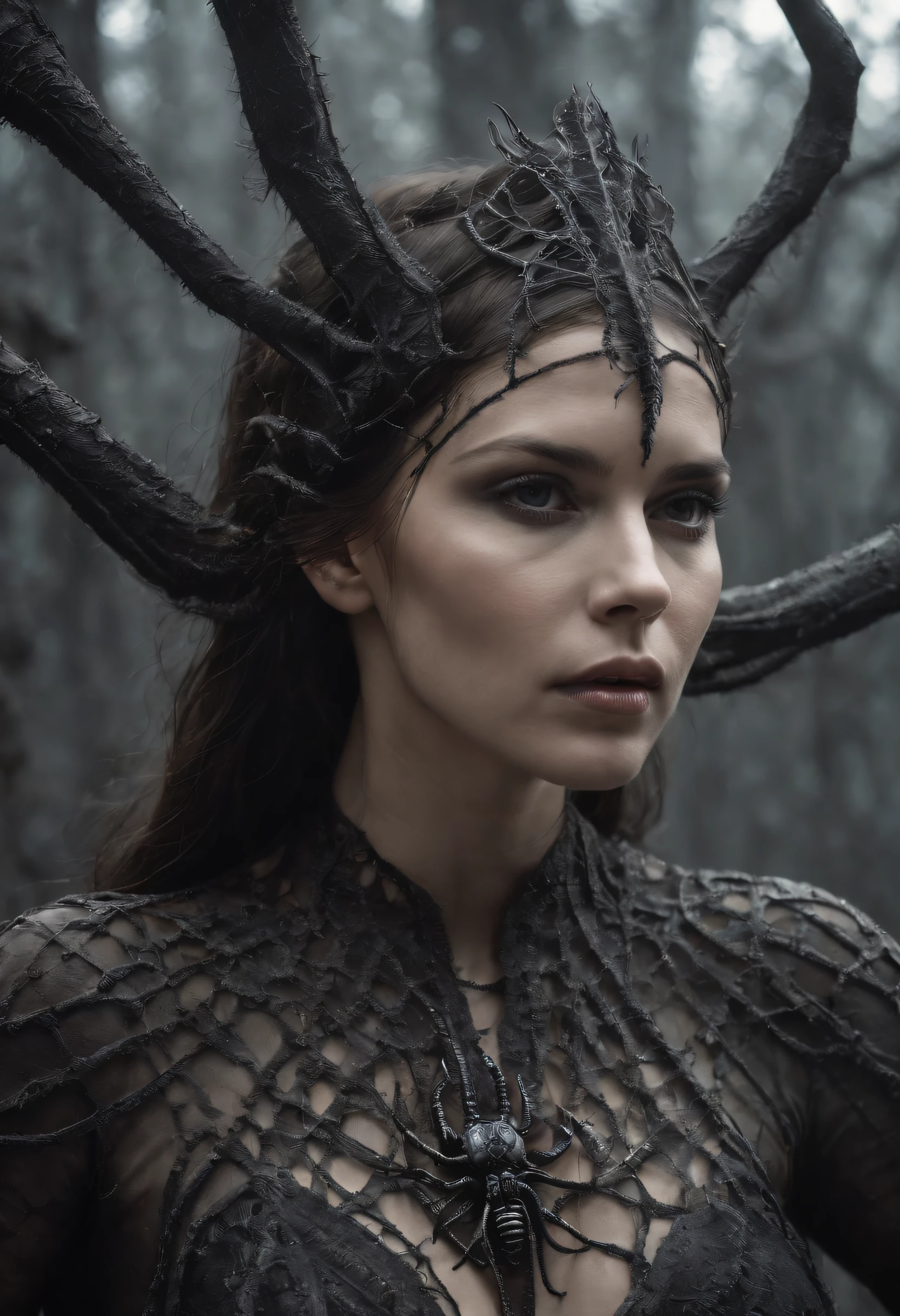 a professional movie photograph of, 25-years-old caucasian female shaman with spider webs hanging and gloom the environment, angry, shouting, full body, dynamic, sitting pose, detailed face, soot on the face, beautiful woman, detailed black eyes, white messy hair, perfect anatomy, long legs, angry emotion, princess eyes, inspired by giger and beksinski. sharp focus photo, uhd, hdr, professionally color graded, perfectly shaded, analog photo, high quality, highres, detail enhancement, 8k, high resolution scan, spotlight --auto
