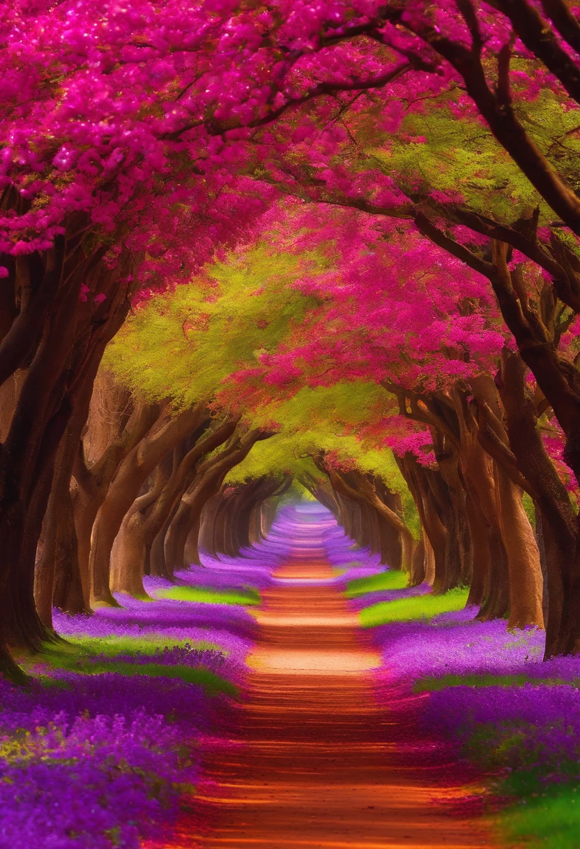 "Capture the enchanting beauty of nature as the world's best nature photographer. Frame a mesmerizing photograph of a blossoming tunnel, adorned with pink piúva, purple jacaranda, red flamboyant, and yellow ipê trees. Let the gaps in the foliage allow diffused light to paint the ground with fallen petals. Amidst this natural wonderland, joyful children clad in vibrant clothing run gleefully backward. The scene is brought to life by colorful birds and a multitude of butterflies. Achieve the magic of hyperrealism in a stunning 4K, 100-megabyte full-color photograph."