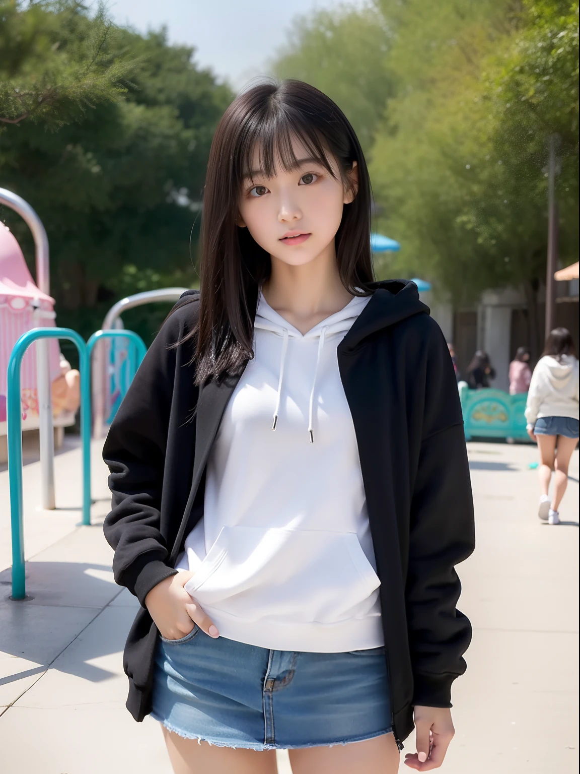 年轻,(a miniskirt),Mokomoko's hoodie,teens girl,Delicate body,petite body,Delicate body,small tits,tiny chest,Short,A dark-haired,Very Longhair,a shower,An amusement park,Looks Back