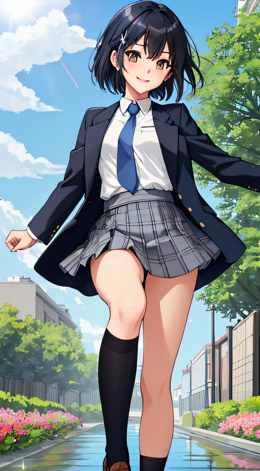 ((Masterpiece,Best Quality)), Japanese style, Japanese anime style, realistic expression, (Solo), One woman, full body figure, slender build, cute, teenage girl, small breasts, (High Resolution), (Extreme Detail), (highly detailed face), soft looking skin, finely drawn face, clean (highly detailed eyes), soft skin, finely drawn face, beautiful deep brown eyes (highly detailed eyes), slender thighs, blush, shoulder length silky short bob, right side hair in braid, black hair (colorful hair: 1.2), uniform, (sparkles: 1.2), long white shirt, colorful red tie, navy blazer, beautiful knee length gray checks that flutter in the wind.  Gray plaid skirt, shiny black tights, loafer shoes, holding a smartphone in one hand and raising it, rushing to the front of the screen, smiling with a shy expression, city park sidewalk in the background, water reflection, rain, floating water drops, lots of flower beds,,(blue sky),lens flare,(blue sky),(blue sky),(blue sky),lens flare,(blue sky),lens flare,(blue sky),lens flare,(blue sky),lens flare,(blue sky),lens flare,(blue sky),lens flarefine features, masterpiece, top quality perfect anatomy, centered, perfect distance, beautiful, highly detailed, smooth, illustration, masterpiece, intricate, accurate, wonderful, amazing, super, exquisite, rich colors, intricate details, golden ratio illustration