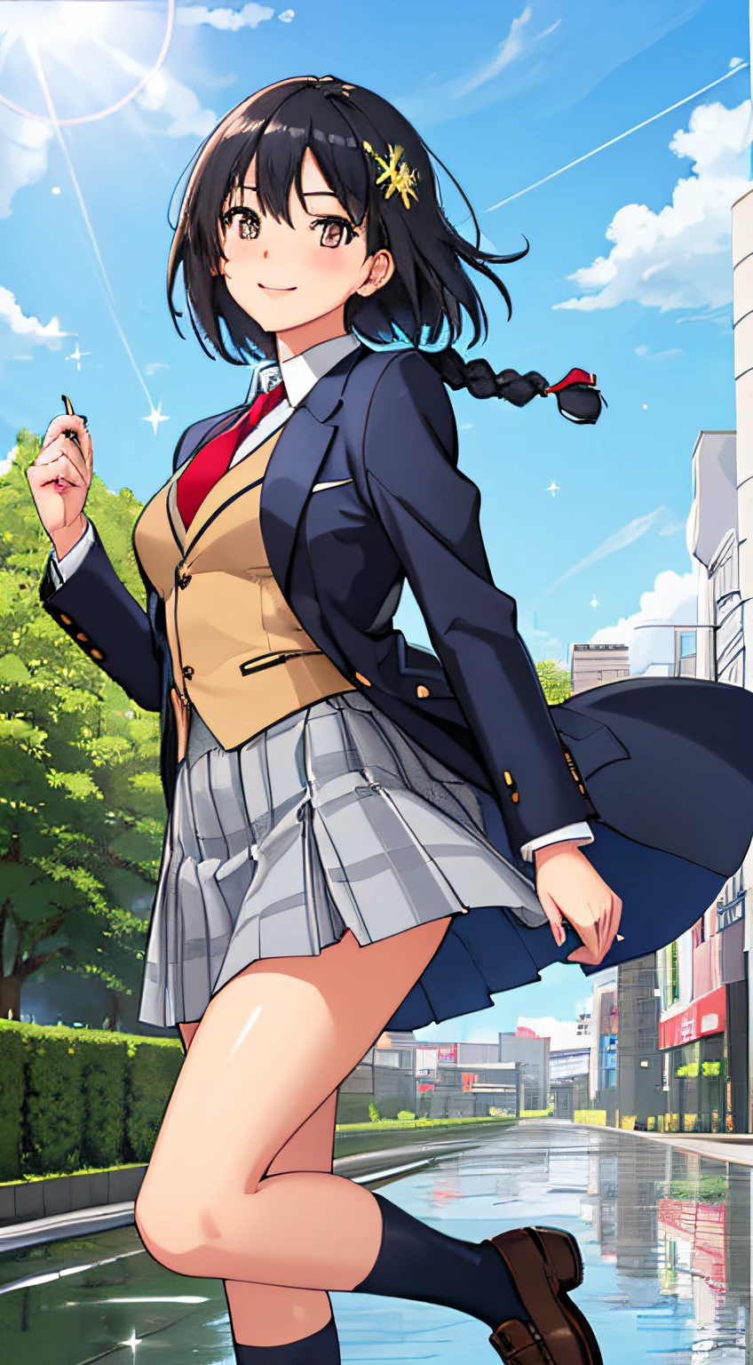 ((Masterpiece,Best Quality)), Japanese style, Japanese anime style, realistic expression, (Solo), One woman, full body figure, slender build, cute, teenage girl, small breasts, (High Resolution), (Extreme Detail), (highly detailed face), soft looking skin, finely drawn face, clean (highly detailed eyes), soft skin, finely drawn face, beautiful deep brown eyes (highly detailed eyes), slender thighs, blush, shoulder length silky short bob, right side hair in braid, black hair (colorful hair: 1.2), uniform, (sparkles: 1.2), long white shirt, colorful red tie, navy blazer, beautiful knee length gray checks that flutter in the wind.  Gray plaid skirt, shiny black tights, loafer shoes, holding a smartphone in one hand and raising it, rushing to the front of the screen, smiling with a shy expression, city park sidewalk in the background, water reflection, rain, floating water drops, lots of flower beds,,(blue sky),lens flare,(blue sky),(blue sky),(blue sky),lens flare,(blue sky),lens flare,(blue sky),lens flare,(blue sky),lens flare,(blue sky),lens flare,(blue sky),lens flarefine features, masterpiece, top quality perfect ???????, centered, perfect distance, beautiful, highly detailed, smooth, illustration, masterpiece, intricate, accurate, wonderful, amazing, super, exquisite, rich colors, intricate details, golden ratio illustration
