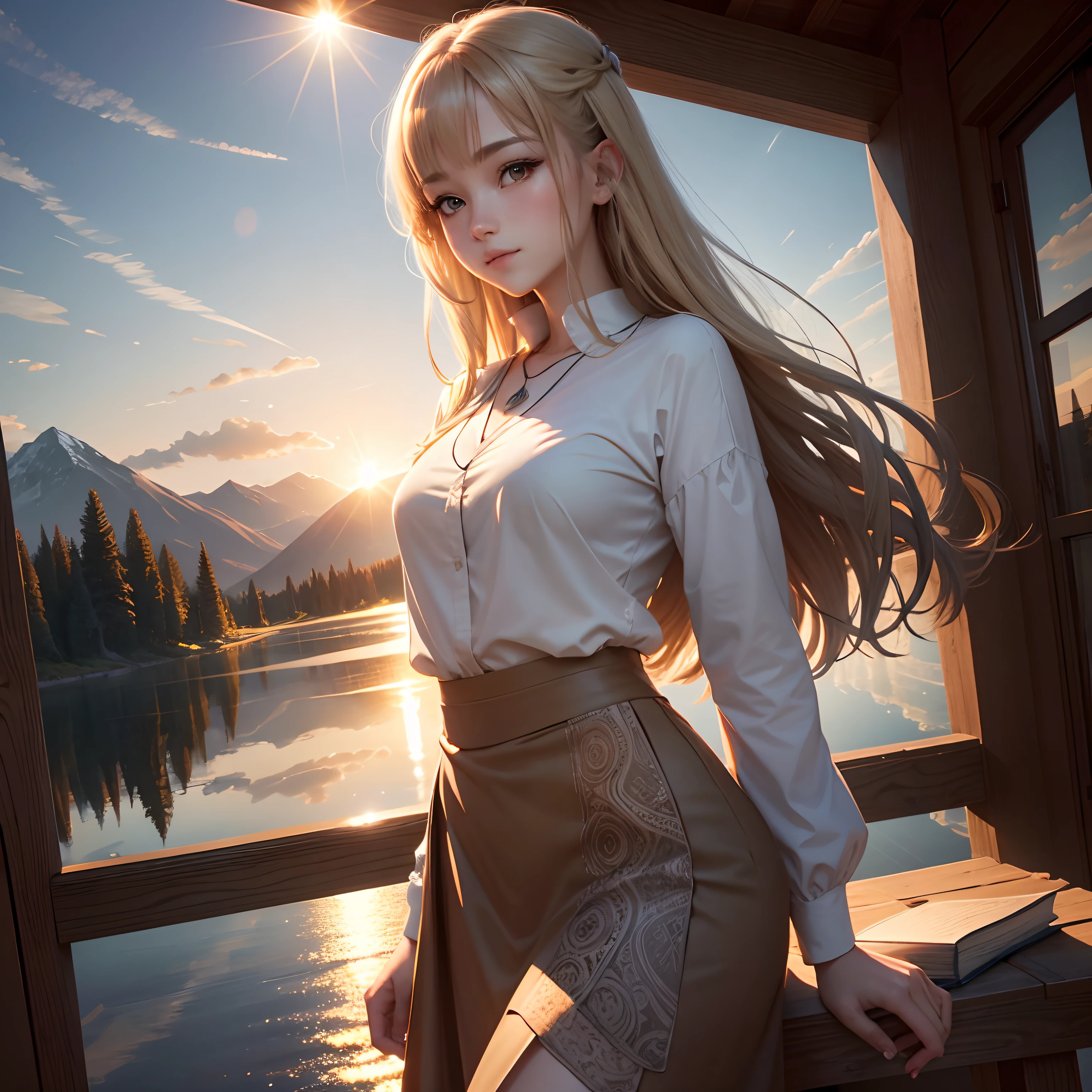1 girl, happy expression, charming eyes, straight long hair, flowing skirt, big, looking at the sun, calm posture, porcelain-like skin, subtle blush, crystal pendant BREAK Golden Hour, (edge lighting): 1.2, cool colors, sun flare, soft shadows, bright colors, painting effects, fantastic atmosphere BREAK Scenic lakes, distant mountains, pine trees, mountain tops, reflections, sunlit clouds, tranquil atmosphere, idyllic sunrise, Ultra detailed, official art, unified 8k wallpapers, zentangle, mandala
