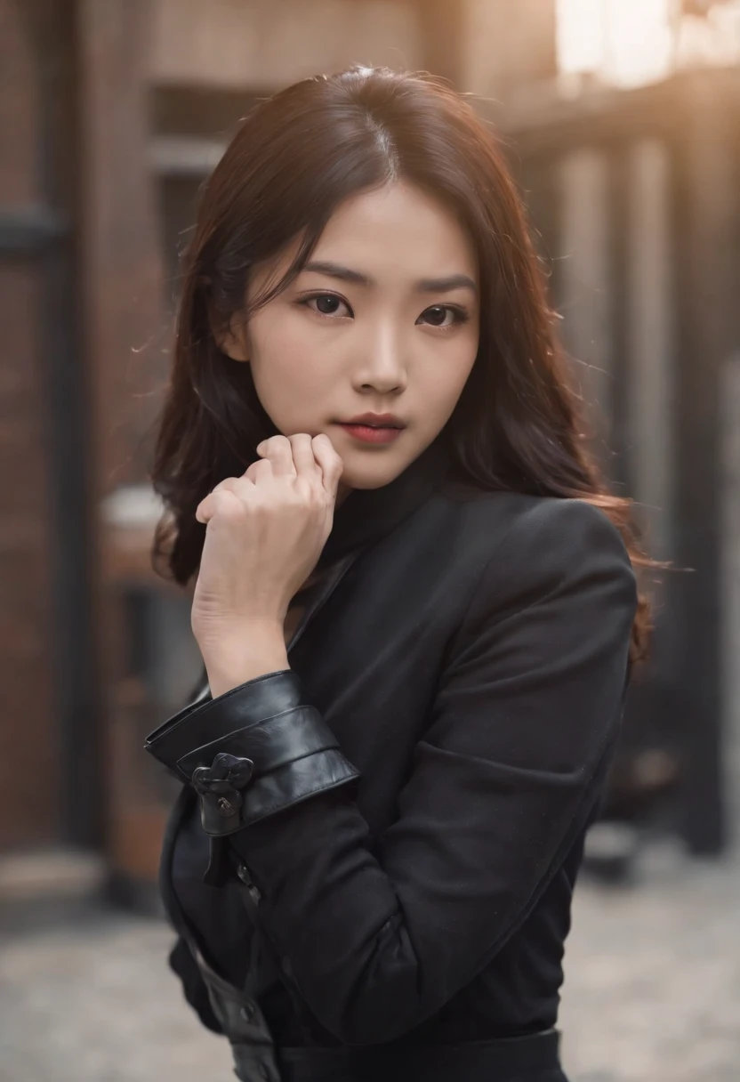 A young Japanese woman holding a black suit up to a shirt, a black leather glove worn in both hands, a woman's hand with a black suit and black leather gloves in front of her