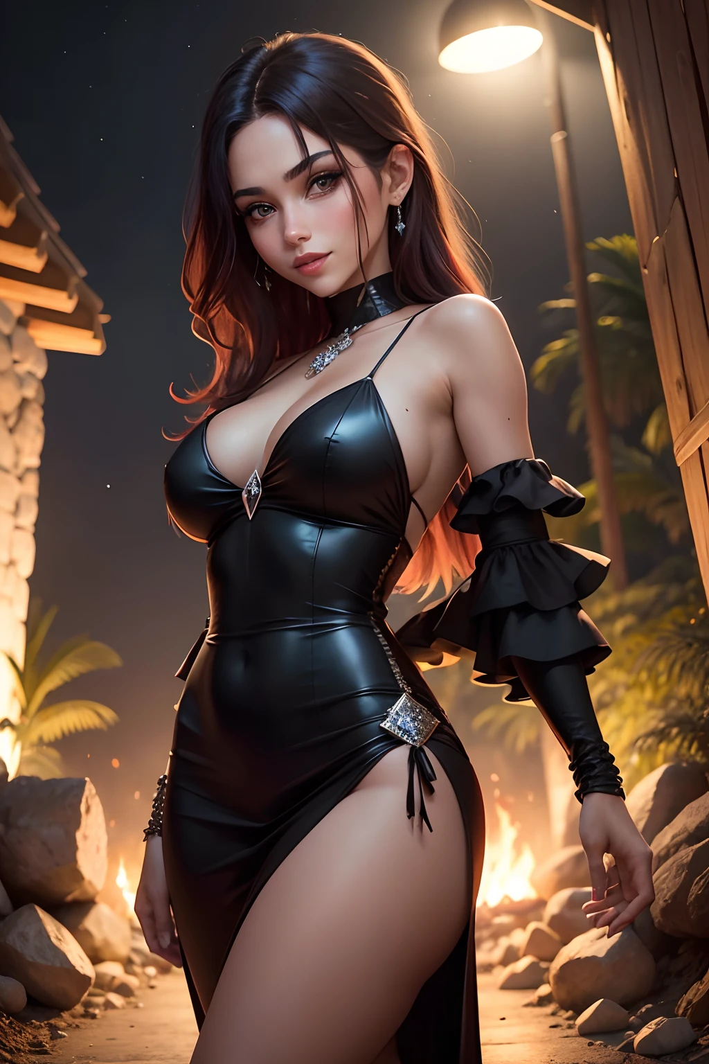 1 chica hermosa, enigmatic smile, piel suave y cuerpo esbelto con senos grandes, cabello largo rojo, ojos rojos, vestido largo de terciopelo verde y negro, con diamantes rojos, abrigo con capucha, paisaje de bosque nocturno, caldero en una fogata