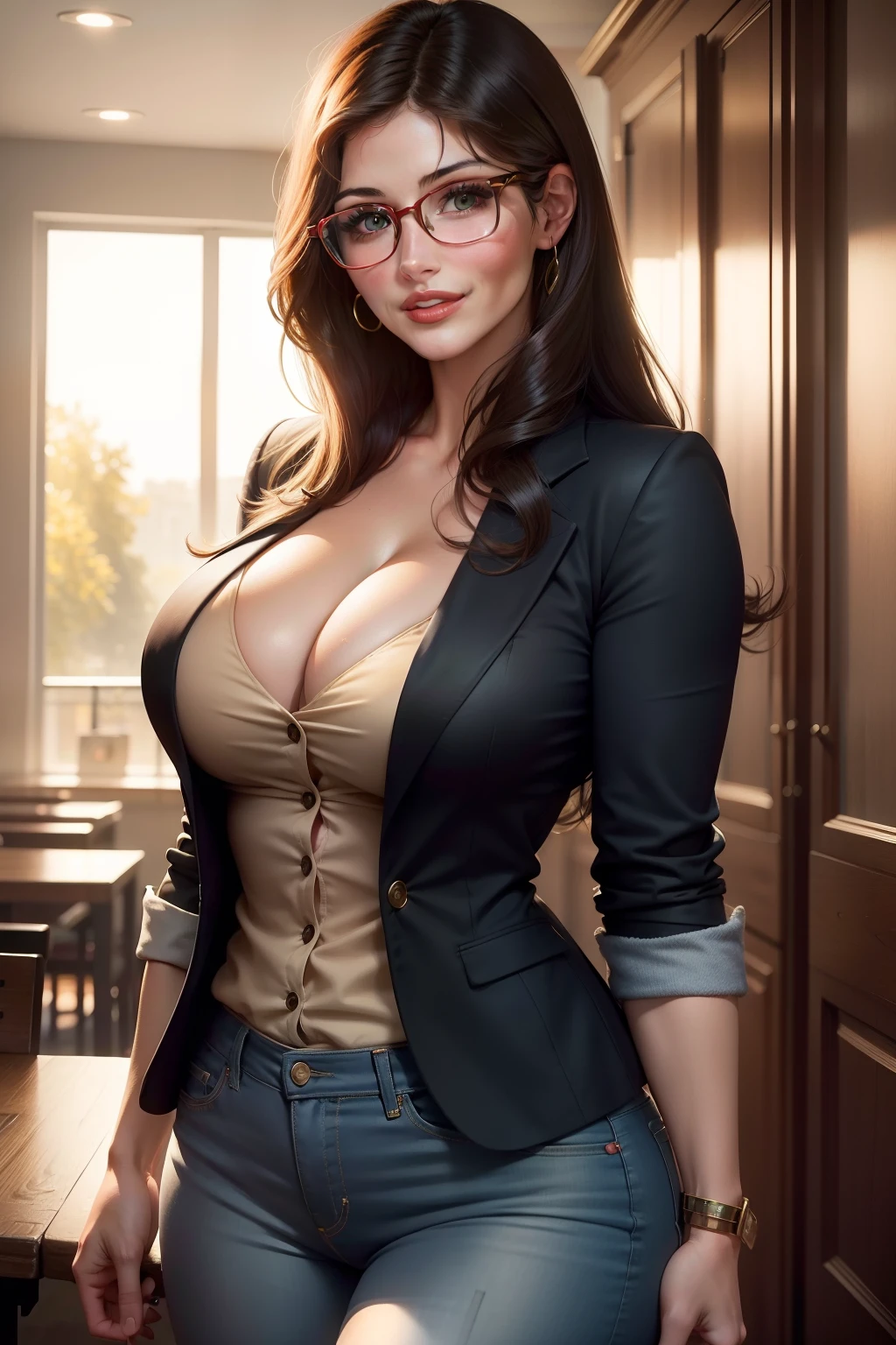 lucy pinder, portrait, face portrait, smiling, back, black hair, straight hair, red lips, glasses, blouse, green blazer, cleavage, jeans, ((Gemma Arterton))