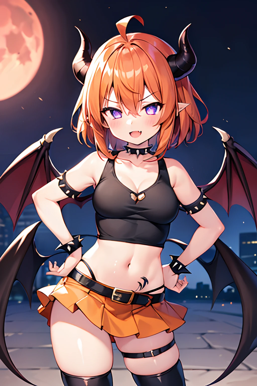 (1girl in:1.2), (Solo:1.2) , Brilliant Textured Work, top-quality, petite, , child, 10 year old, black crop top tee, orange layered skirt, black spiky boots, black spiky wristbands, spiky choker, (orange hair:1.1), short hair, wavy hair, (violet eyes:1.1), shiny hair, evil smile, standing, contrapposto, hand on hip, Evil Female Executive, villainess, Evil Fall, darkness, Downtown at night, Concrete roads, large breasts, (empty eyes:1.5), (Forcibly fitted gem:1.2), corrupted gem , eyeball gem, (cracked gem:1.2), curse seal, (parasite eroded gem:1.1), Heart-shaped tattoo on the lower abdomen, eroded, bat wings, open mouth, large fang, full moon, red moon, huge ahoge, black devilish horn,