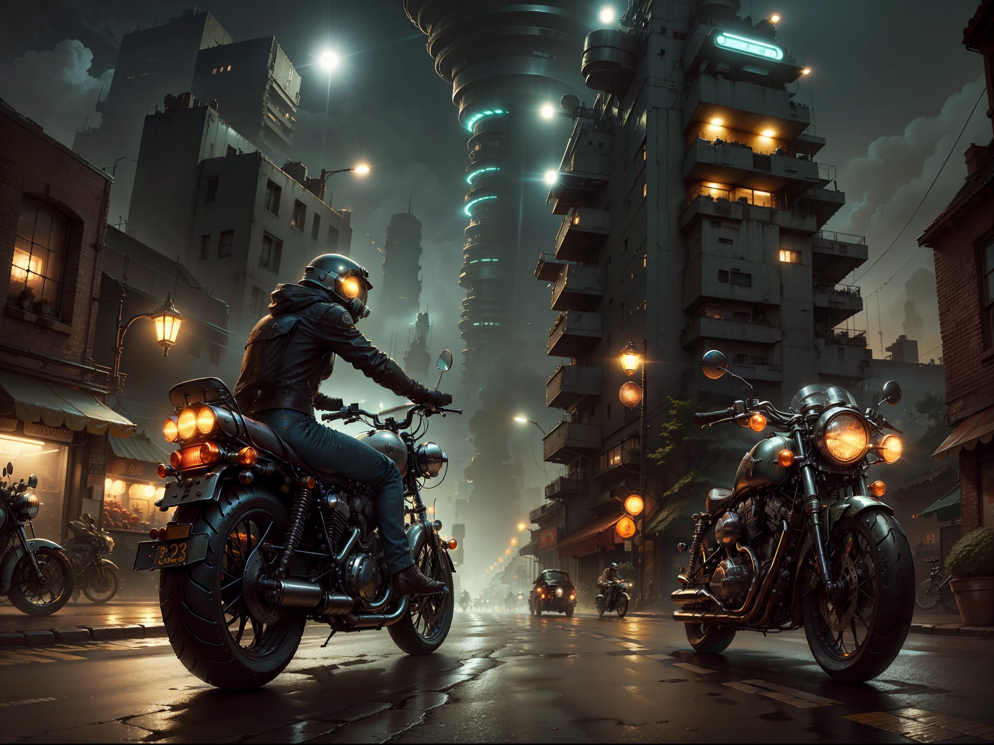 Imagine a futuristic city at night, shrouded in cosmic dust, while a biker on his vintage motorcycle cuts through the scenery. Capture cada detalhe da bicicleta, do brilho do potente motor aos reflexos das luzes da cidade, all in one high-resolution HDR image