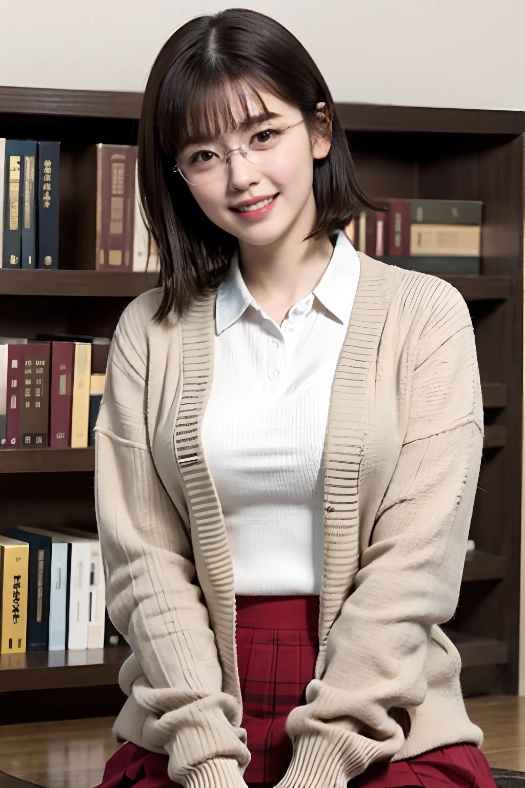 Photo Real、photoRealstic、girl1　A dark-haired、short-hair、Blunt bangs　Koshiba Fuka's face　Black-rimmed glasses、Laughing expression、Laughing、huge smile　Beige cardigan、Red skirt、Schoolgirl Uniform　Sit up、Looking here　Background with、bookcase、wood floor