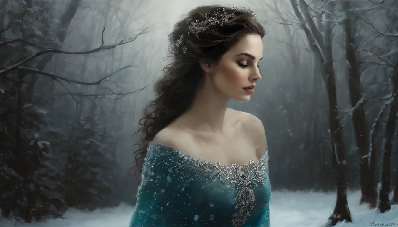 pintura do retrato de 1girl, Arwen, (Onze:0.5), (orelhas pontudas:0.3), cabelos pretos, olhos azuis, vestir, pele detalhada, fantasia, snowy nordic forest, estilo modelshoot, (CG extremamente detalhado), foto de belas obras de arte, (Antonio Moro), (Jeremy Mann), High detail, foco nítido, Dramatic, oil painting, Realistic
