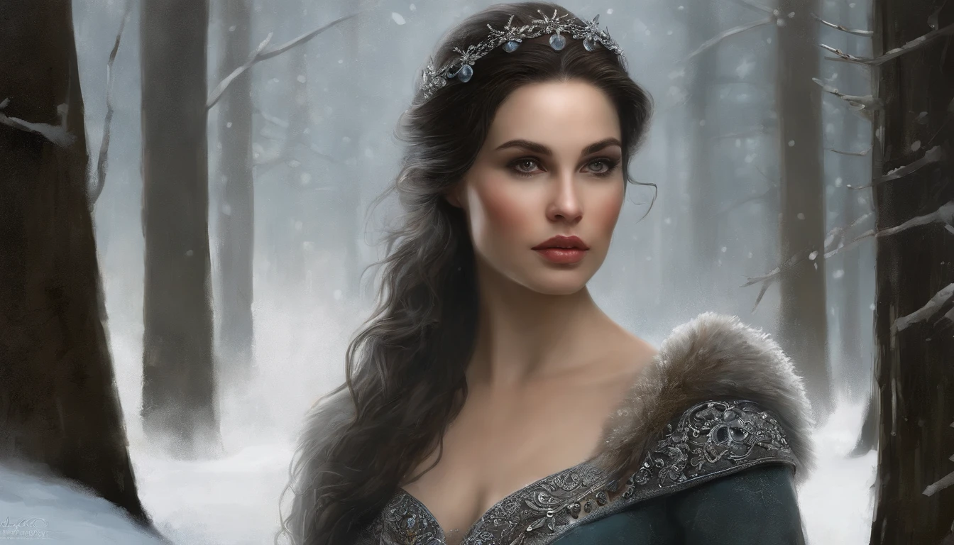 pintura do retrato de 1girl, Arwen, (Onze:0.5), (orelhas pontudas:0.3), cabelos pretos, olhos azuis, vestir, pele detalhada, fantasia, snowy nordic forest, estilo modelshoot, (CG extremamente detalhado), foto de belas obras de arte, (Antonio Moro), (Jeremy Mann), High detail, foco nítido, Dramatic, oil painting, Realistic
