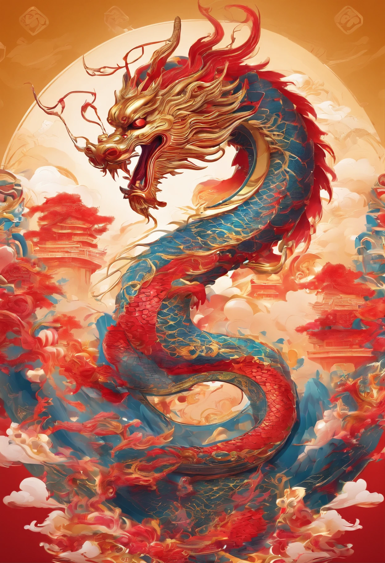chinesedragon,Traditional Chinese culture,levitating,meander,Golden-bodied scales,Red tone,Neon blurred background,Splash ink,tmasterpiece,4K