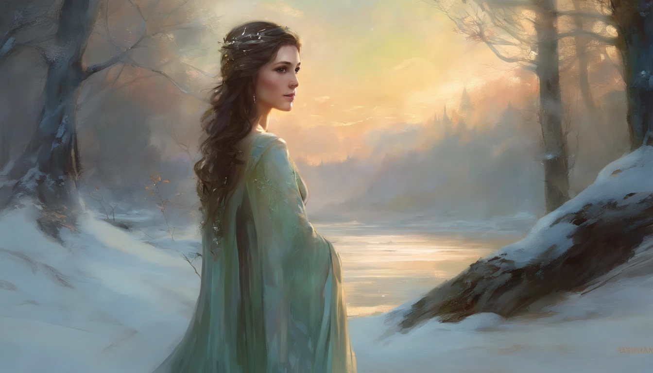 pintura do retrato de 1girl, Arwen, (Onze:0.5), (orelhas pontudas:0.3), cabelos pretos, olhos azuis, vestir, pele detalhada, fantasia, snowy nordic forest, estilo modelshoot, (CG extremamente detalhado), foto de belas obras de arte, (Antonio Moro), (Jeremy Mann), High detail, foco nítido, Dramatic, oil painting, Realistic