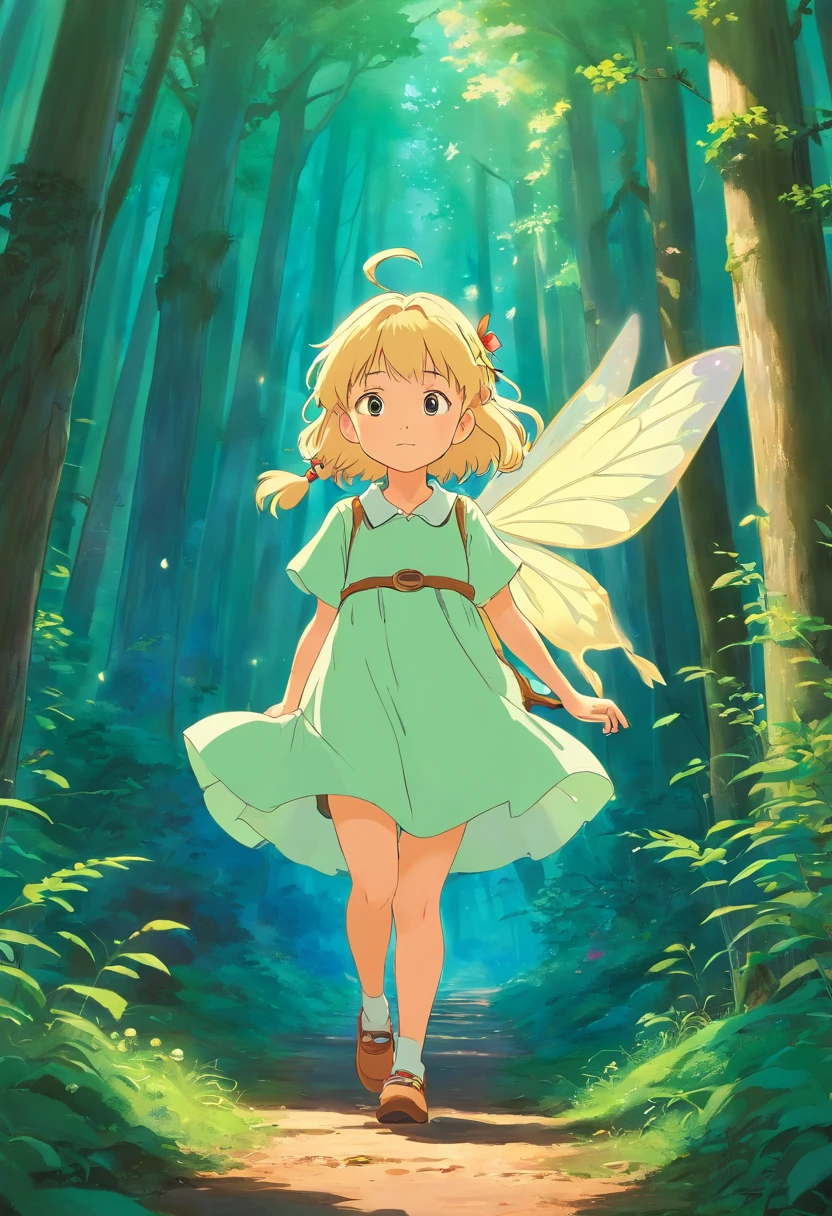 little girl,little blonde forest fairy,travel, adventure,vibrant colors,soft lighting