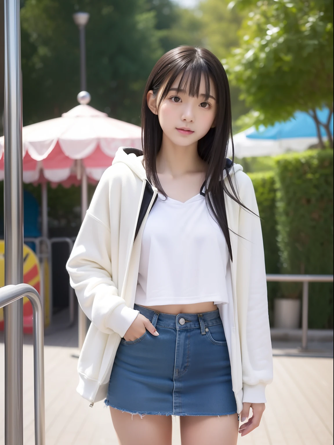 年轻，(a miniskirt)，Mokomoko's hoodie，teens girl，Delicate body，petite body，Delicate body，small tits，tiny chest，Short，A dark-haired，Very Longhair，a shower，An amusement park，Looks Back